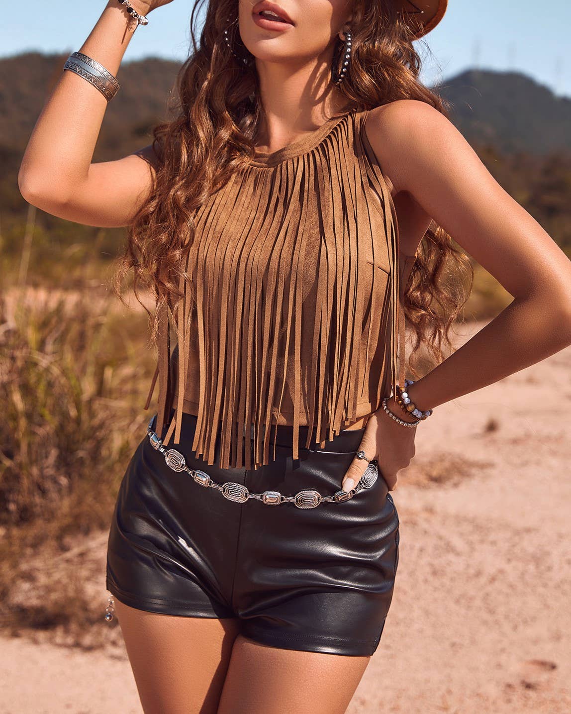 Western Desert Sunset vest Suede Fringe Top