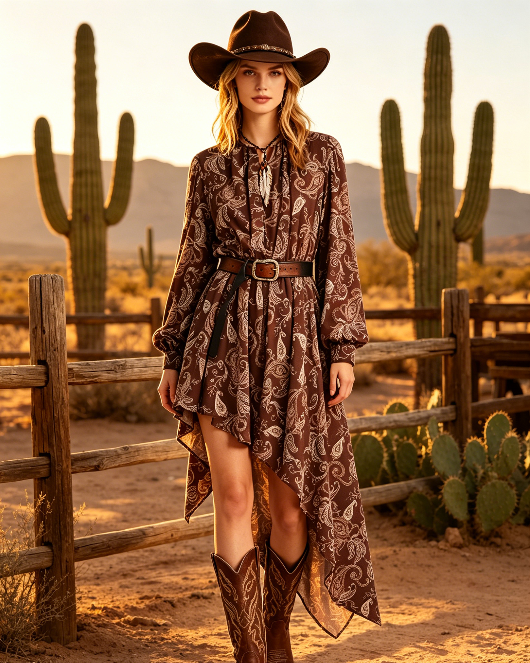 Brown Paisley High-Low Shirt Western Dress