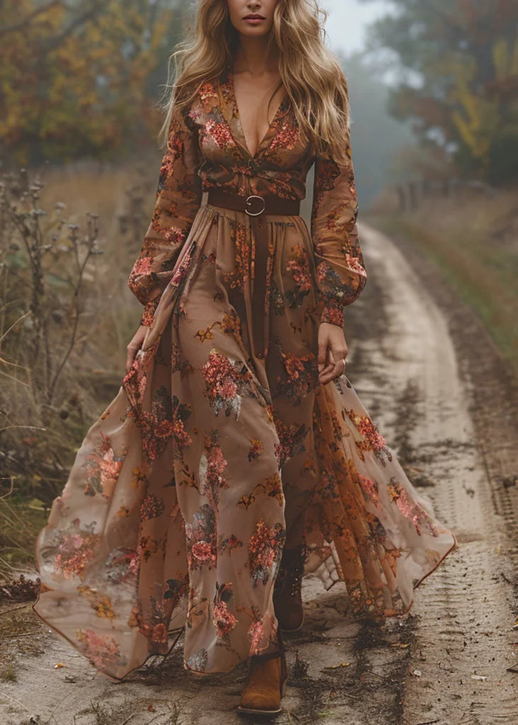 Bohemian Caramel V Neck Print Boho Dress