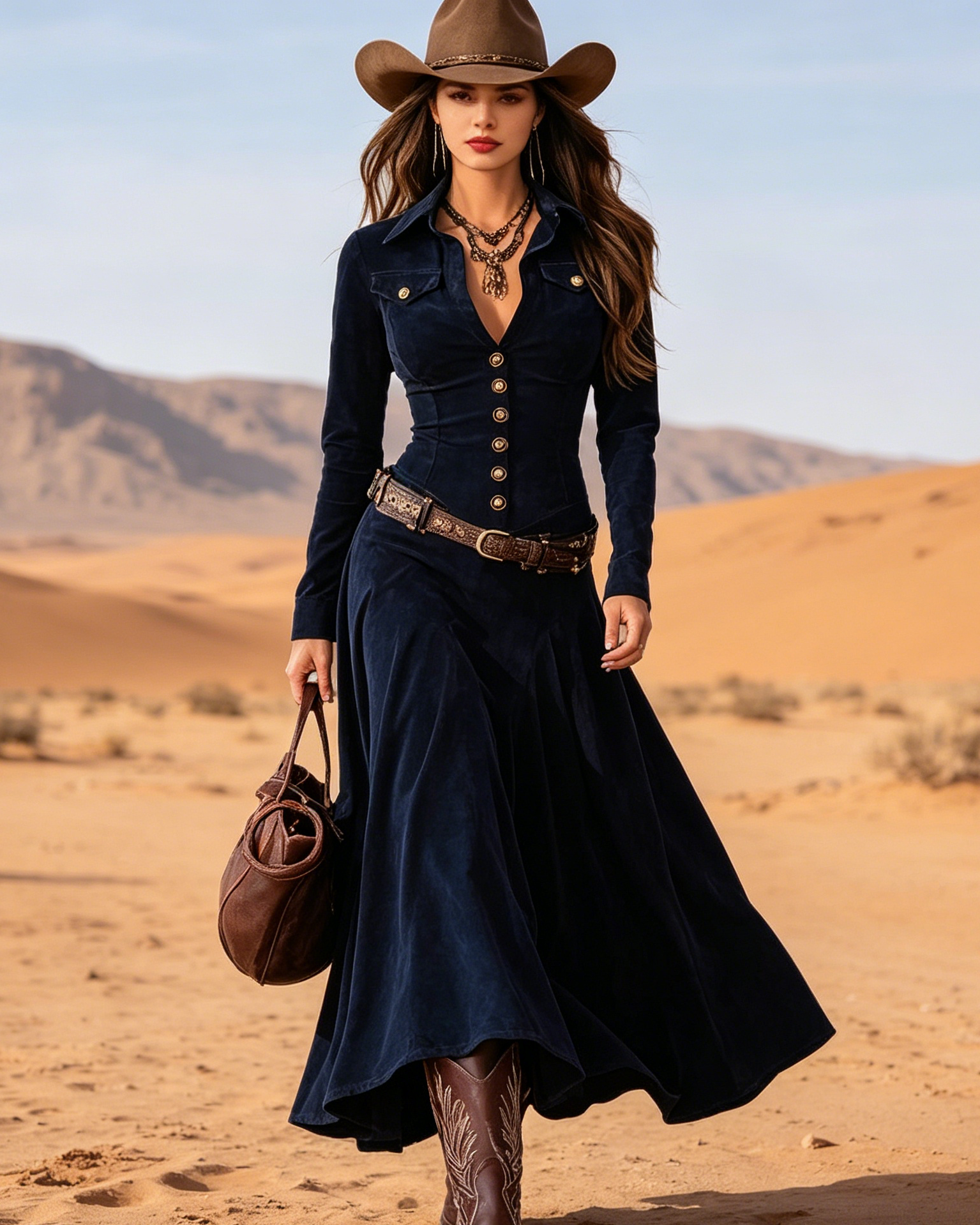 Navy Long Sleeve Maxi Western Dress
