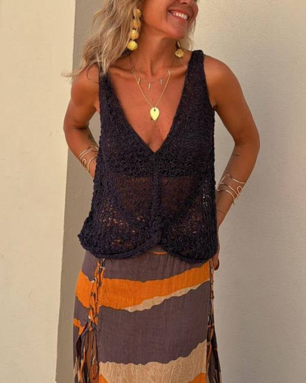 Malibu Knit V-neck Hollow Out Twist Western Top Tank