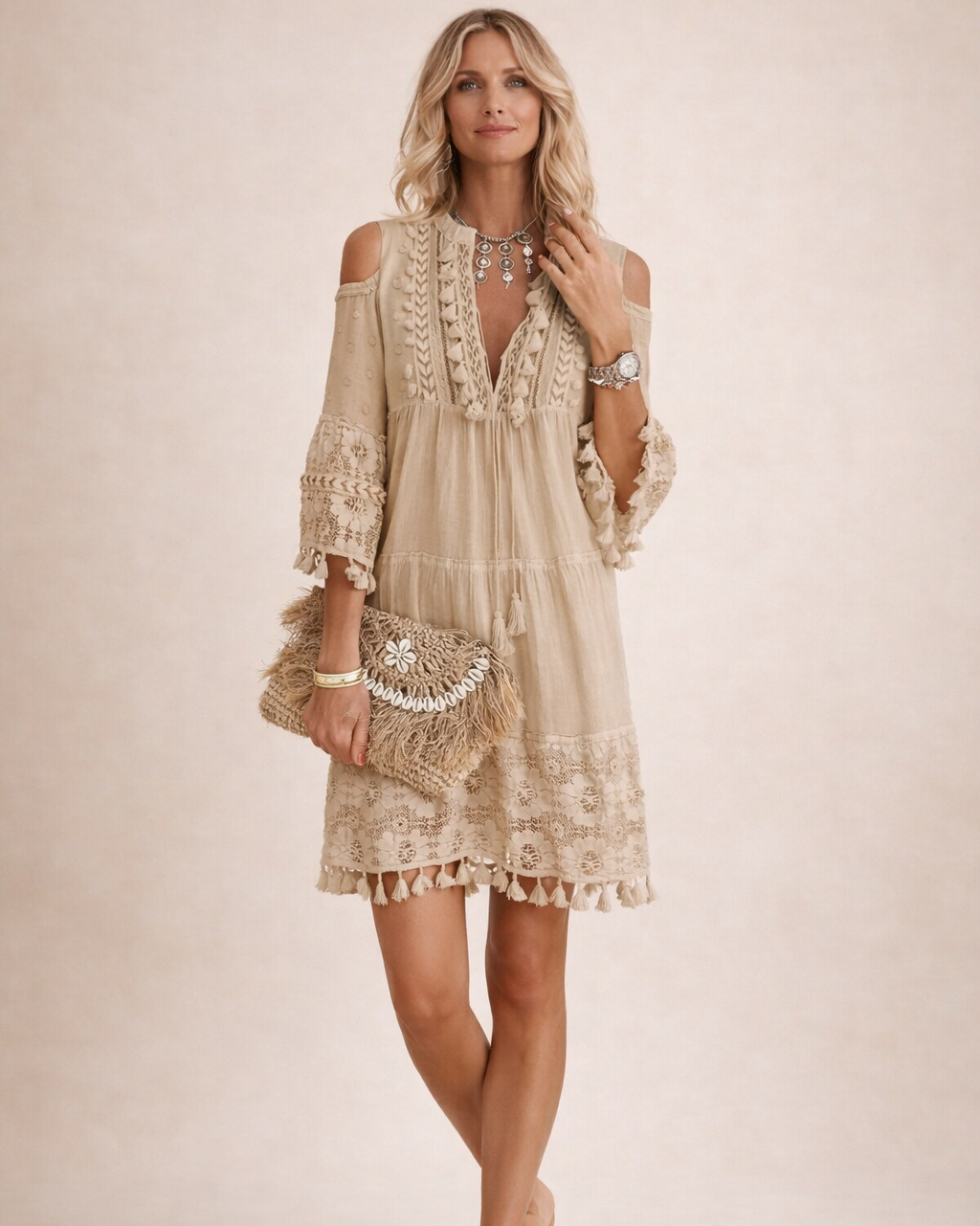 Boho Style Shoulder Tassel Lace  Mini Dress