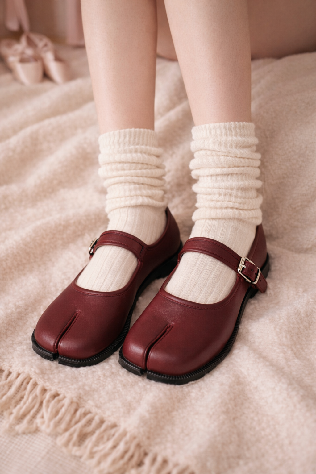 Red Adjustable Strap Tabi Mary Janes