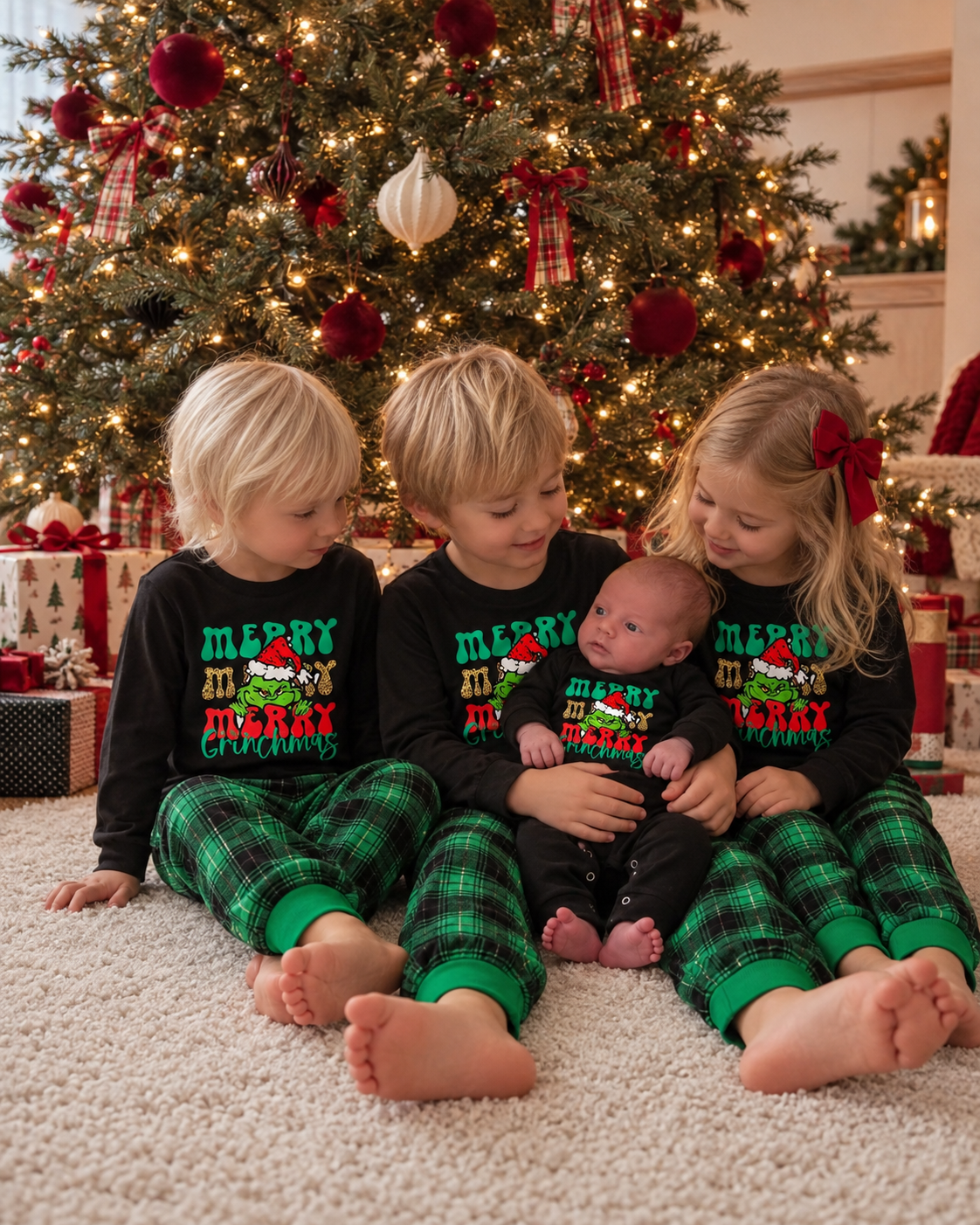Grinch Delight-Green Plaid Family Christmas Pajamas