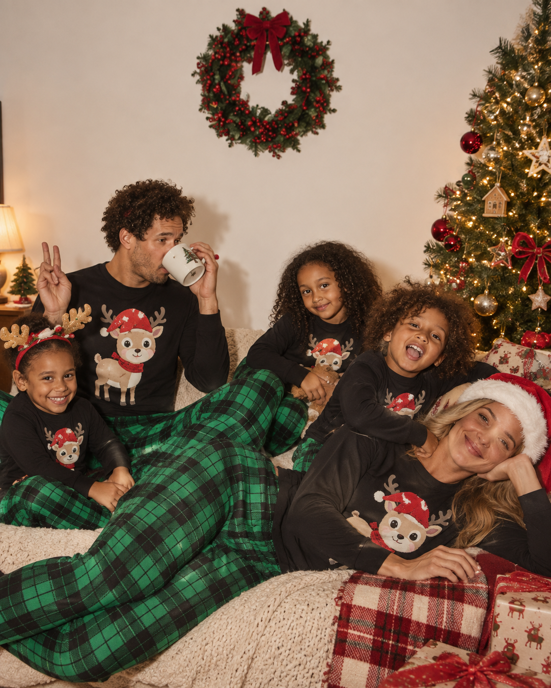 Reindeer Spirit-Green Plaid Family Christmas Pajamas