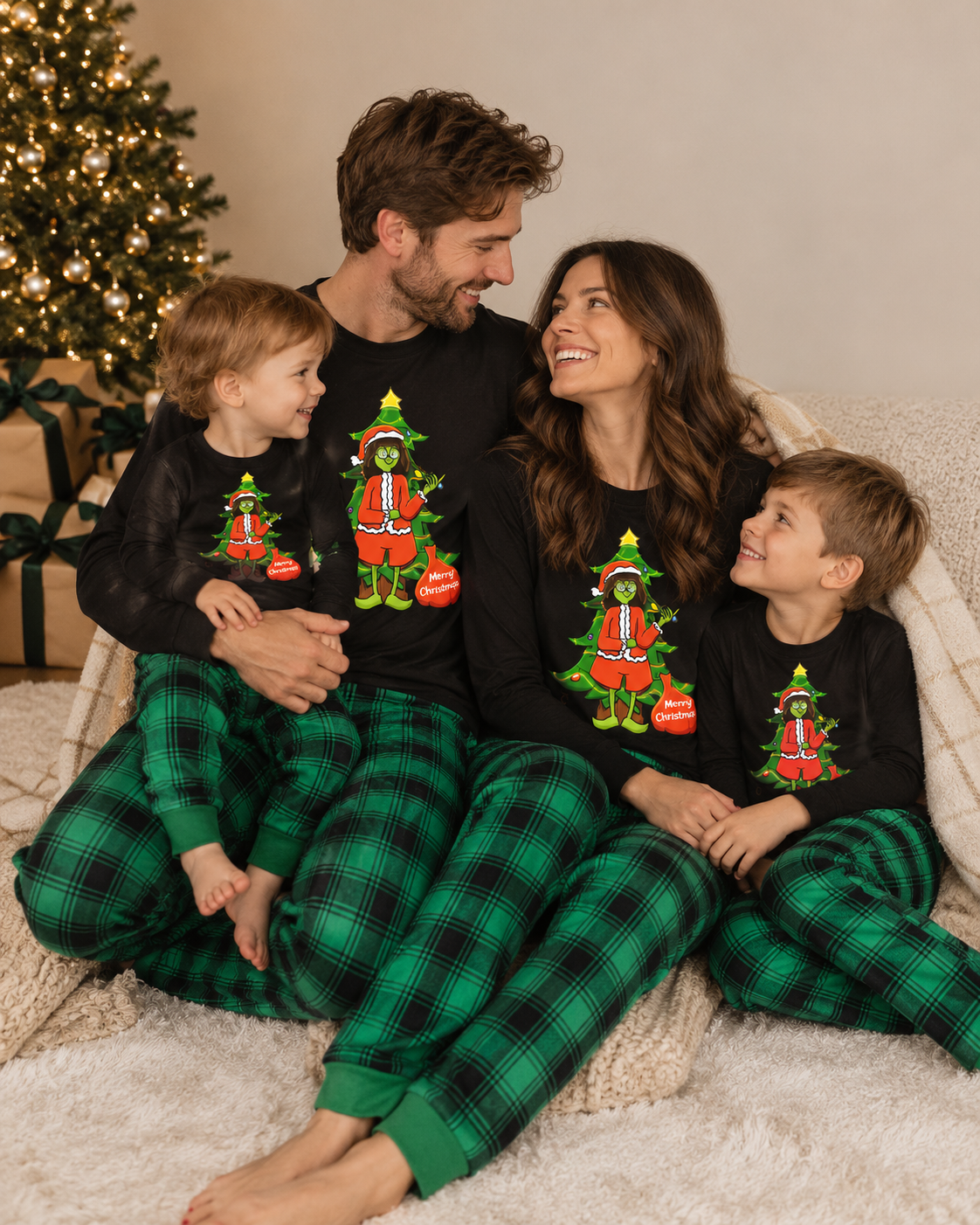 Grinch Bliss-Green Plaid Grinch Family Christmas Pajamas