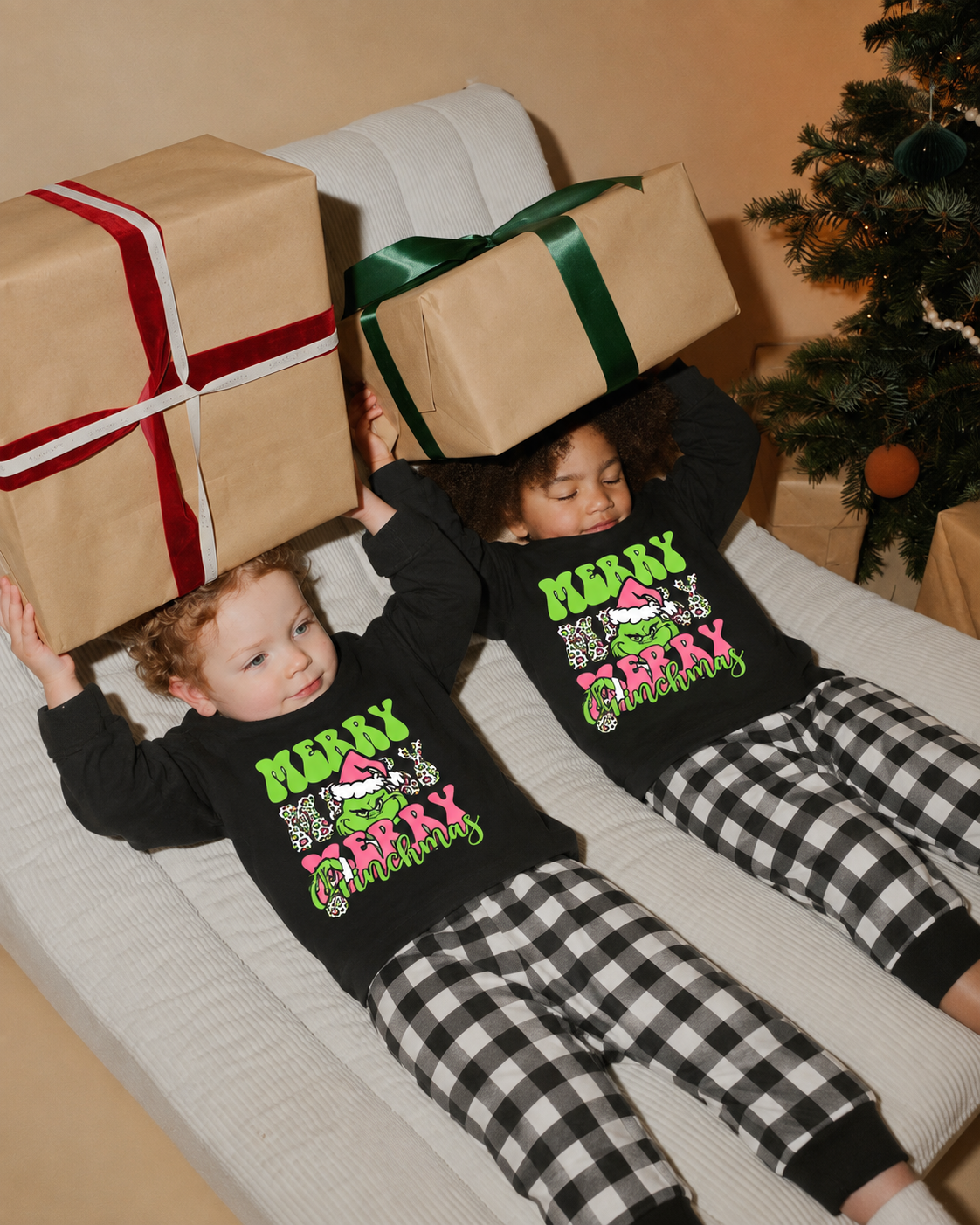Pink Grinch-Black and White Plaid Family Christmas Pajamas