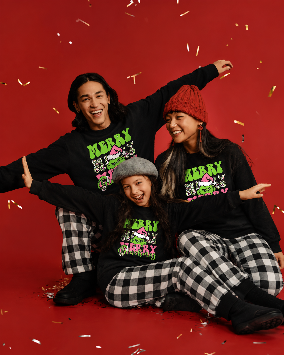 Pink Grinch-Black and White Plaid Family Christmas Pajamas