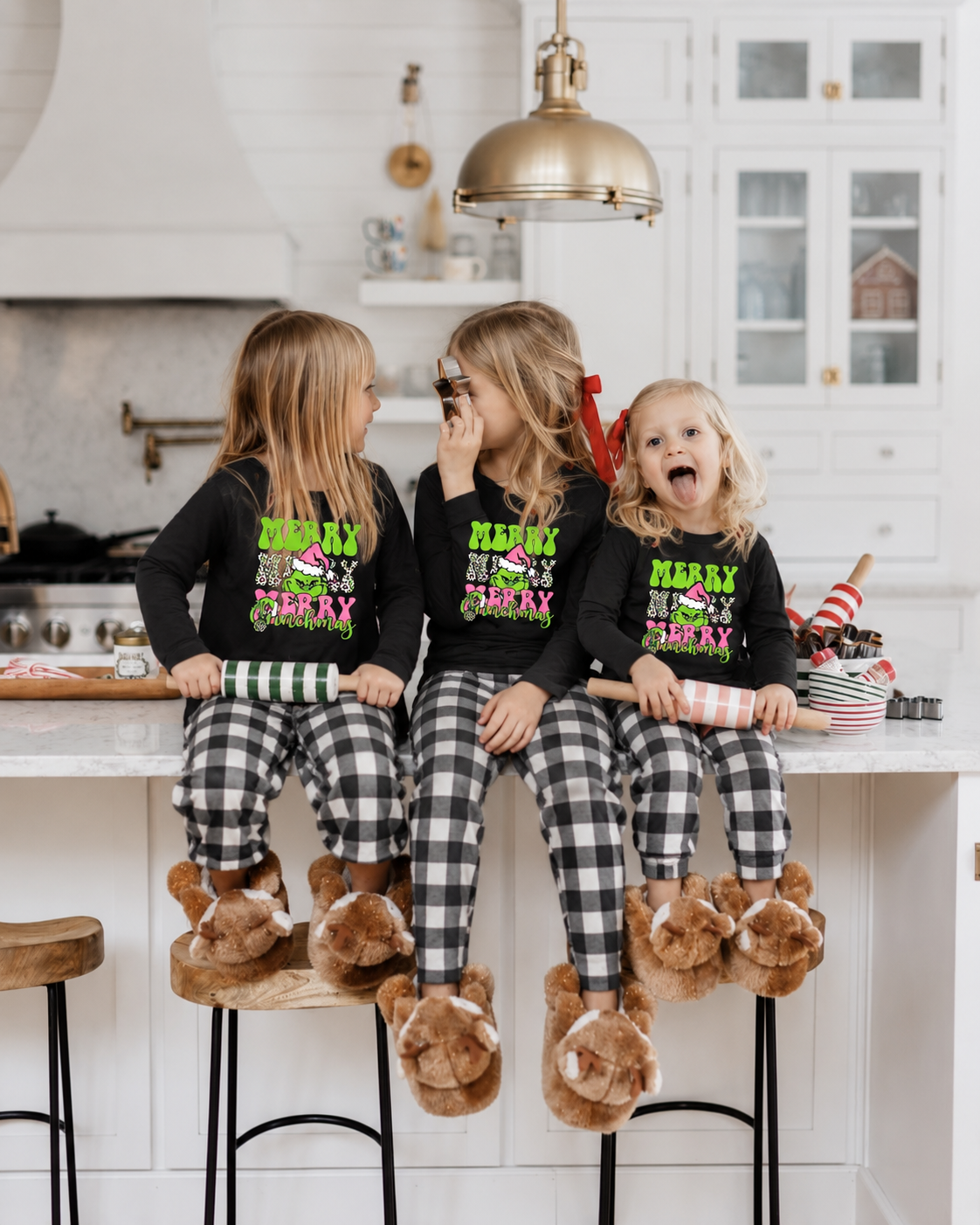 Pink Grinch-Black and White Plaid Family Christmas Pajamas