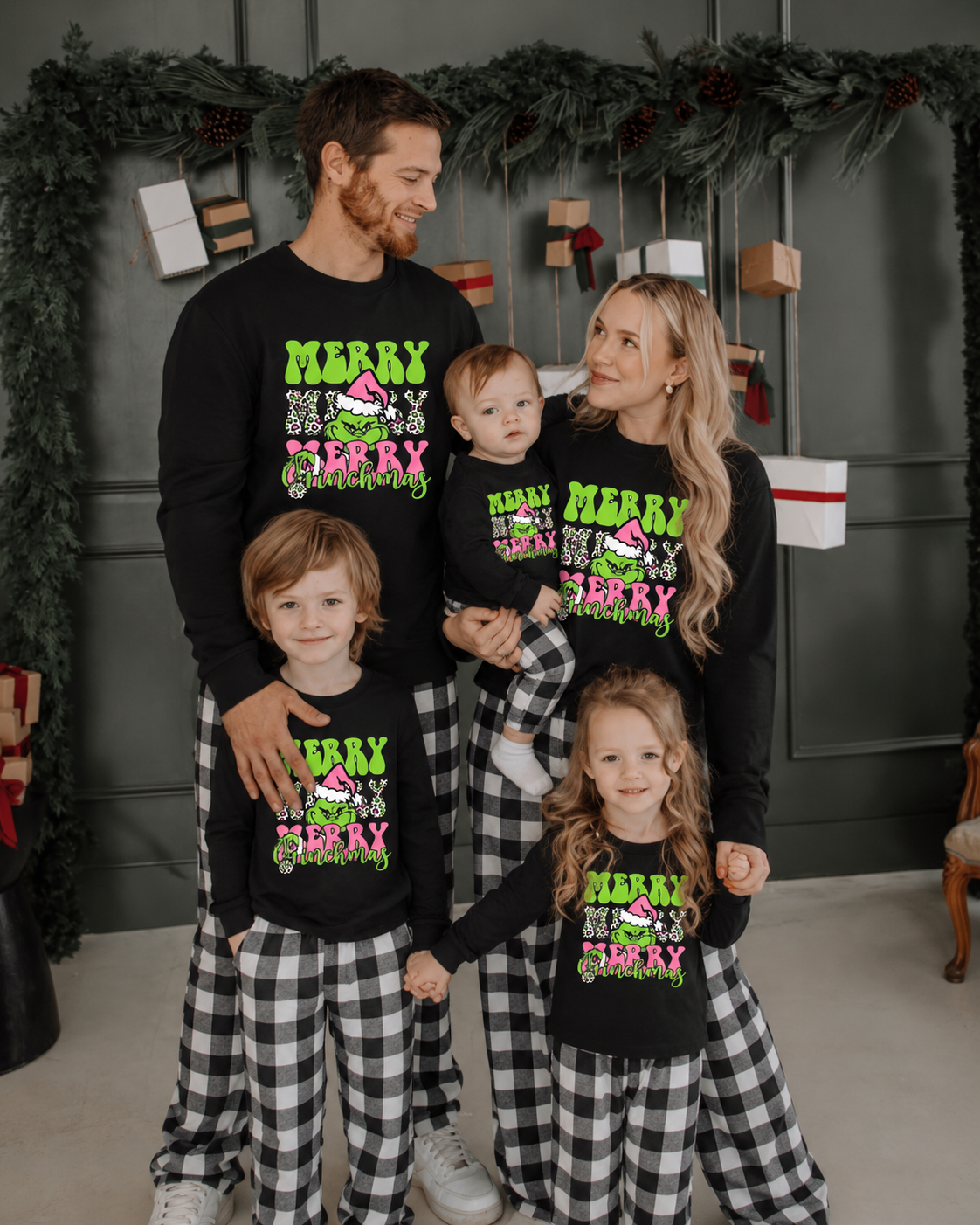 Pink Grinch-Black and White Plaid Family Christmas Pajamas