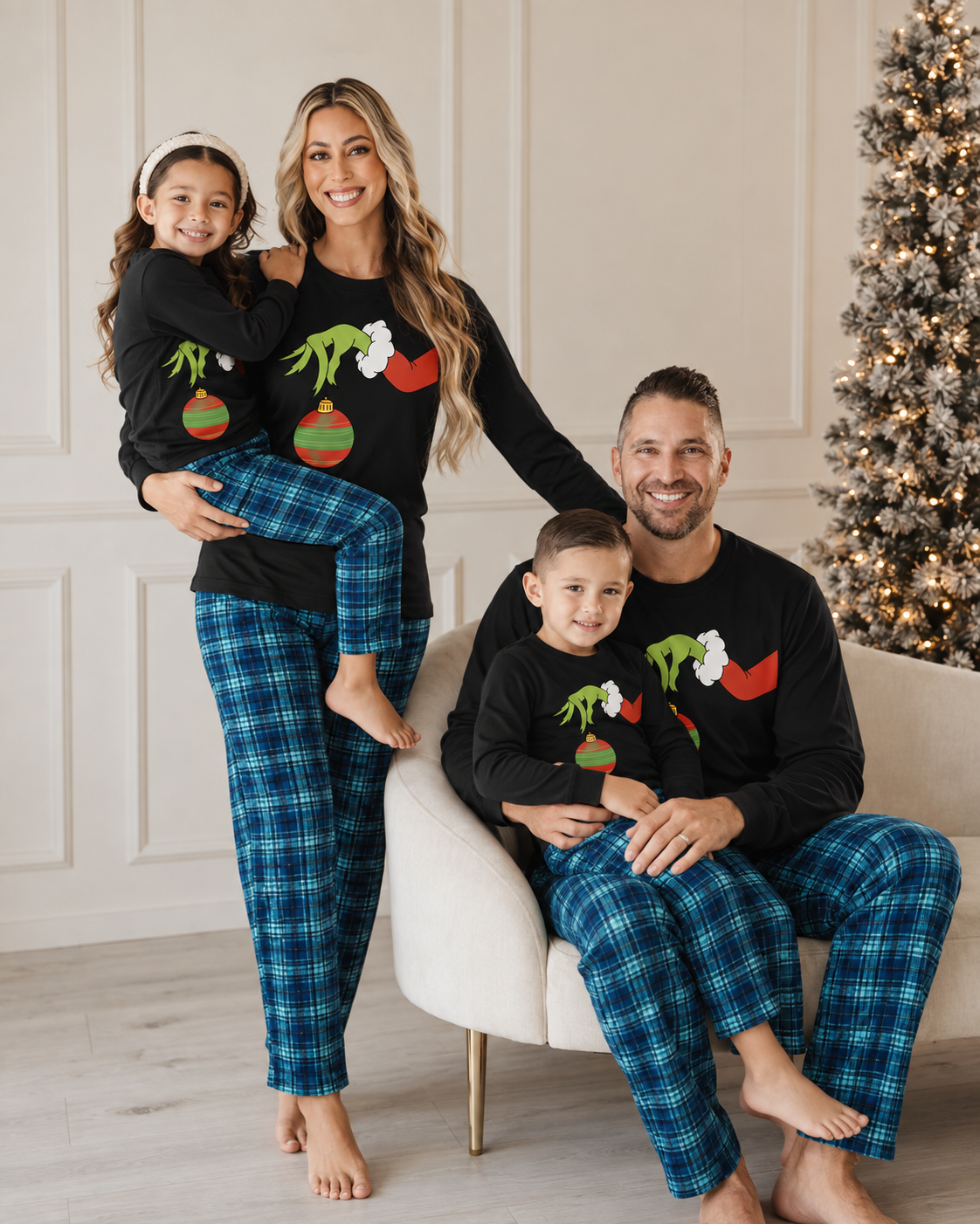 Grinch palm-Blue Plaid Family Grinch Christmas Pajamas