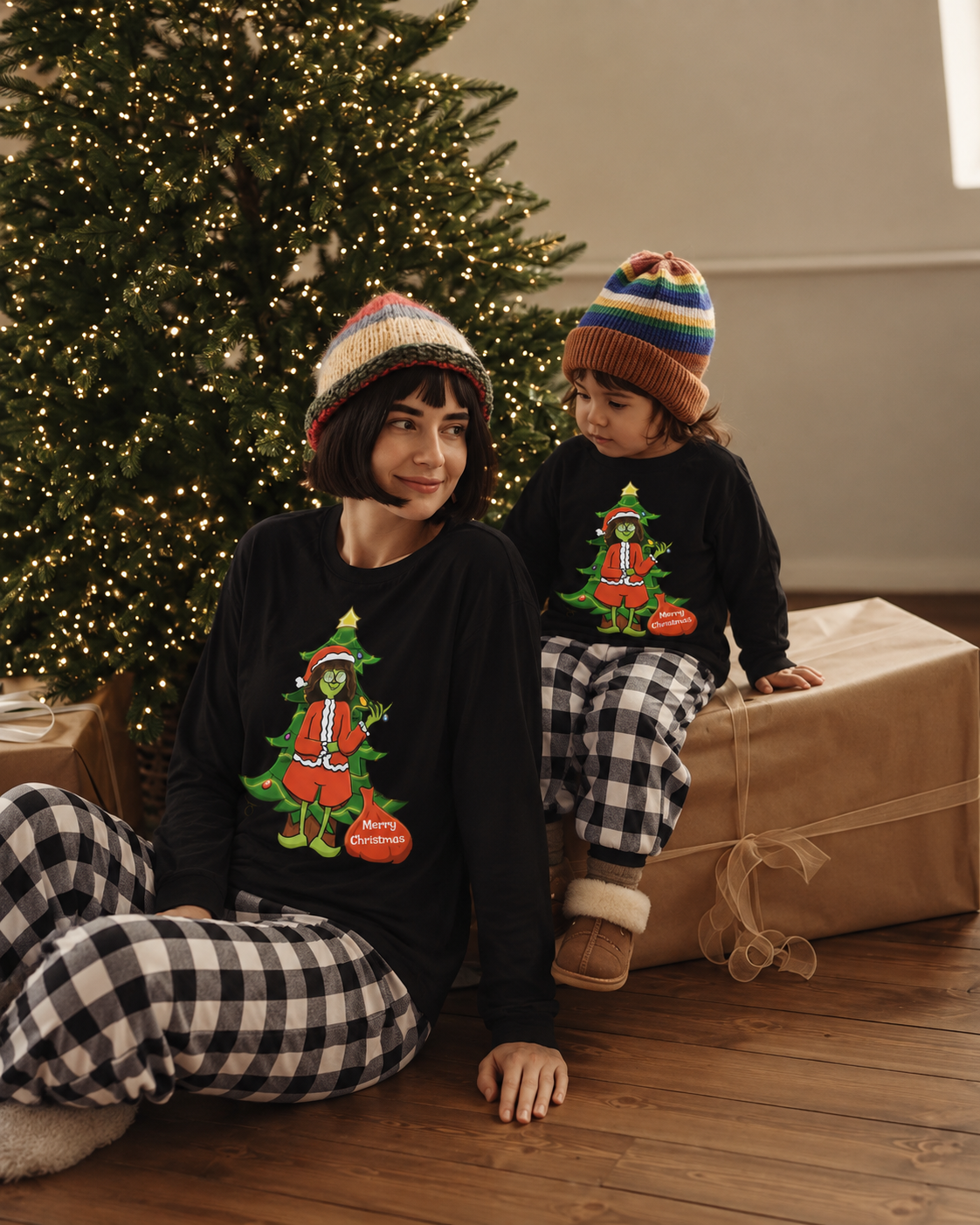 MerryGrinch-Black and White Plaid Family Christmas Pajamas