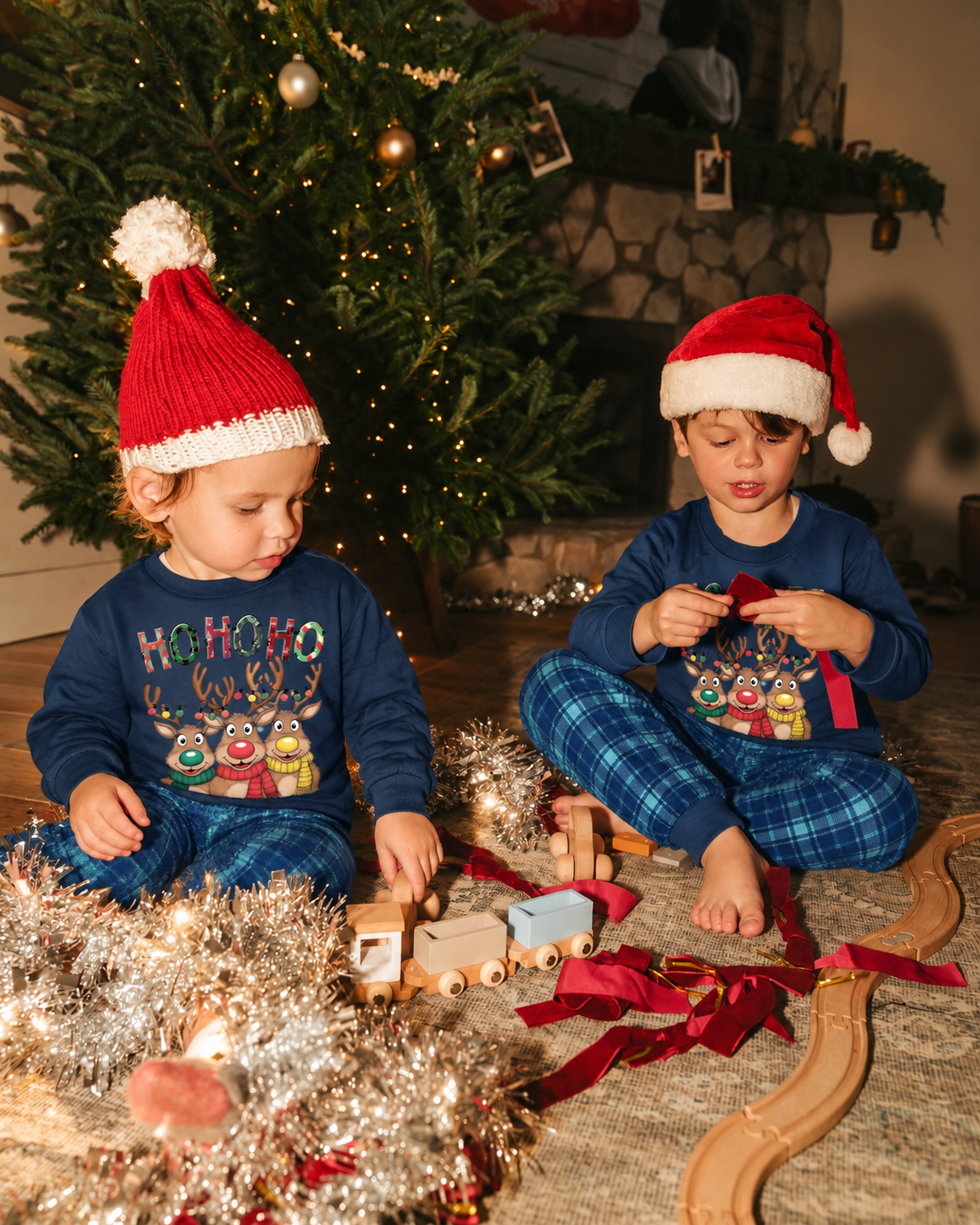 Whimsy Reindeer-Elk Print Blue Plaid Family Christmas Pajamas