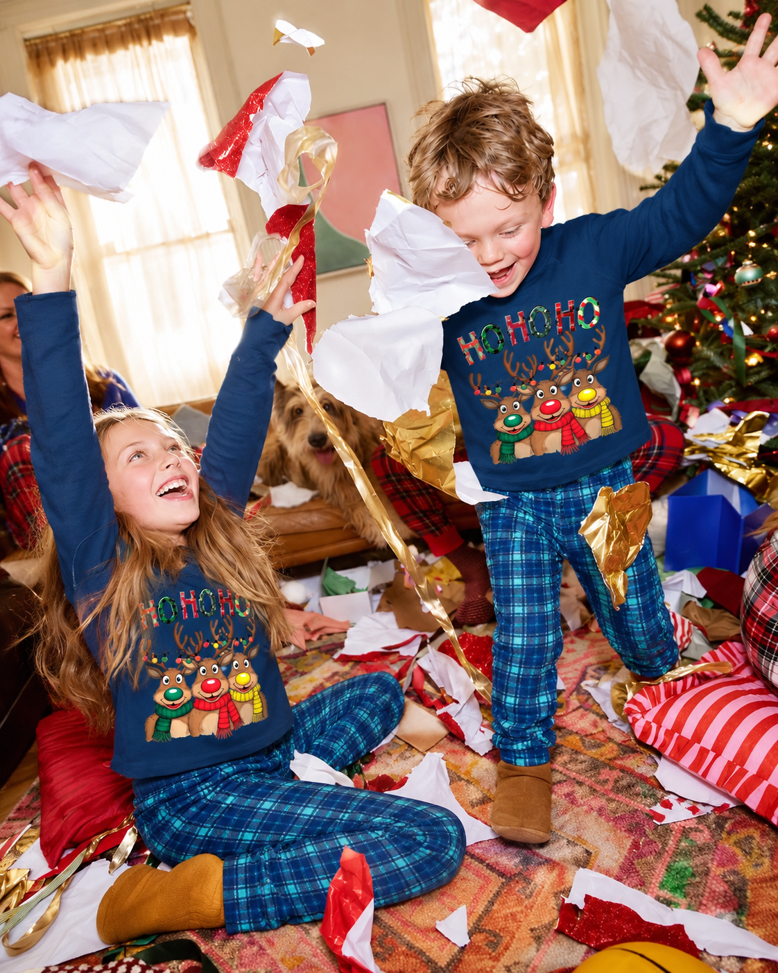 Whimsy Reindeer-Elk Print Blue Plaid Family Christmas Pajamas