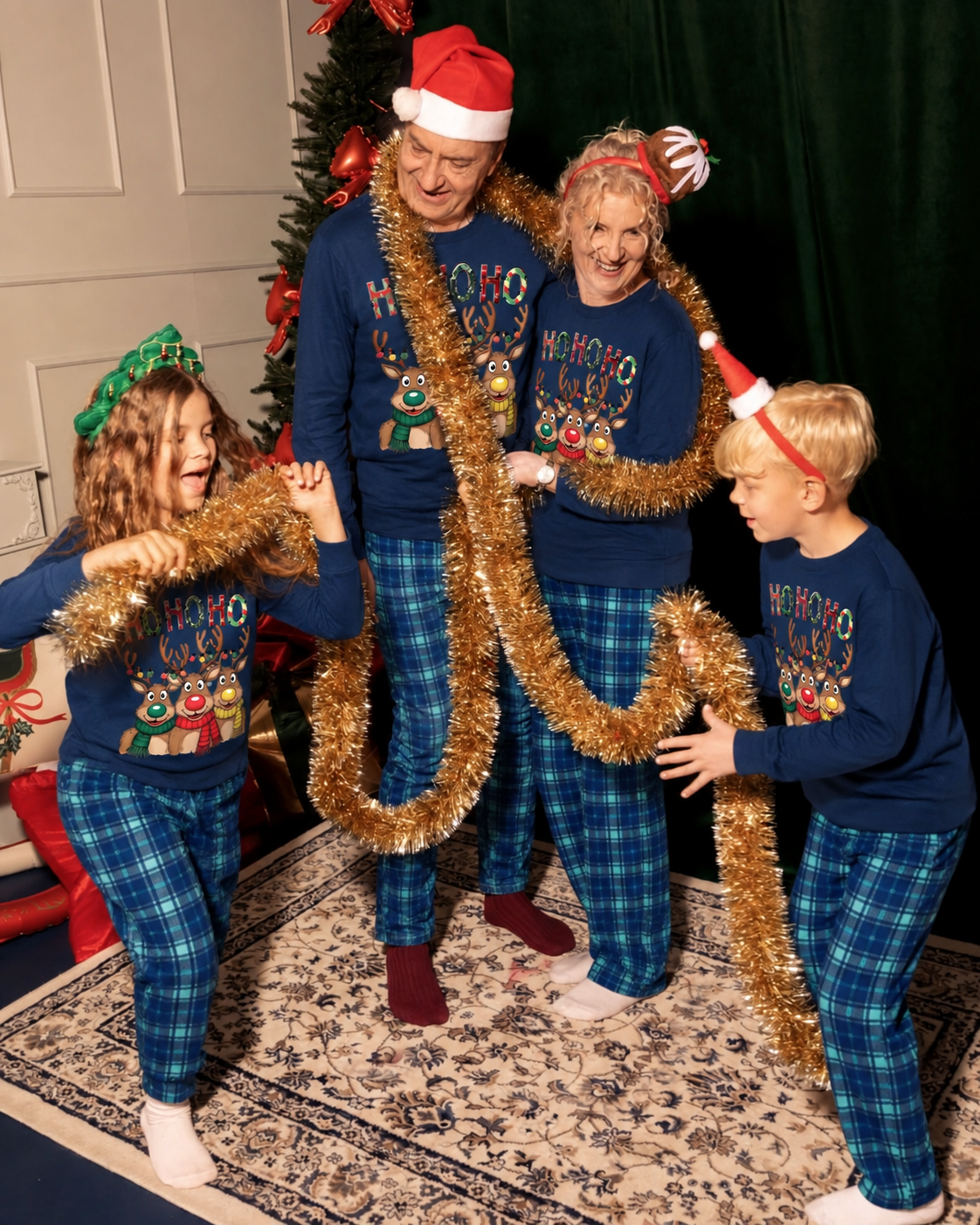 Whimsy Reindeer-Elk Print Blue Plaid Family Christmas Pajamas