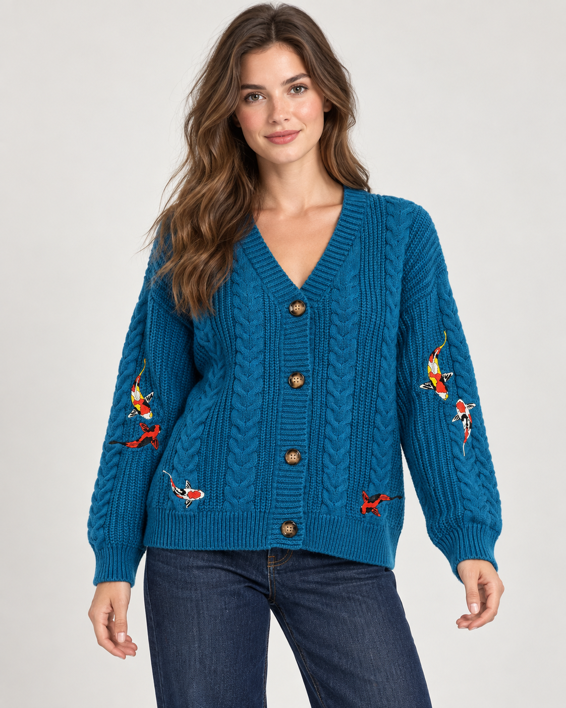 Koi Fish Embroidered Cardigan Sweater