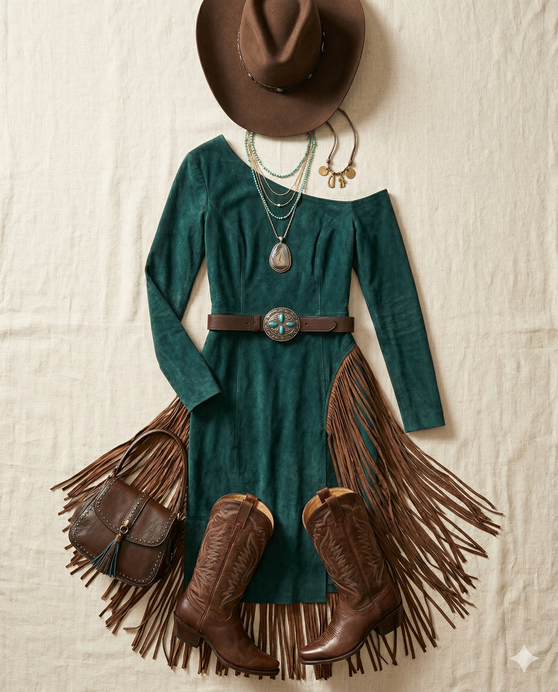 Western Green Faux Suede One-Shoulder Slit Patchwork Tassel Midi Boho Western Green Faux Suede One-Shoulder Slit Patchwork Tassel Midi Boho