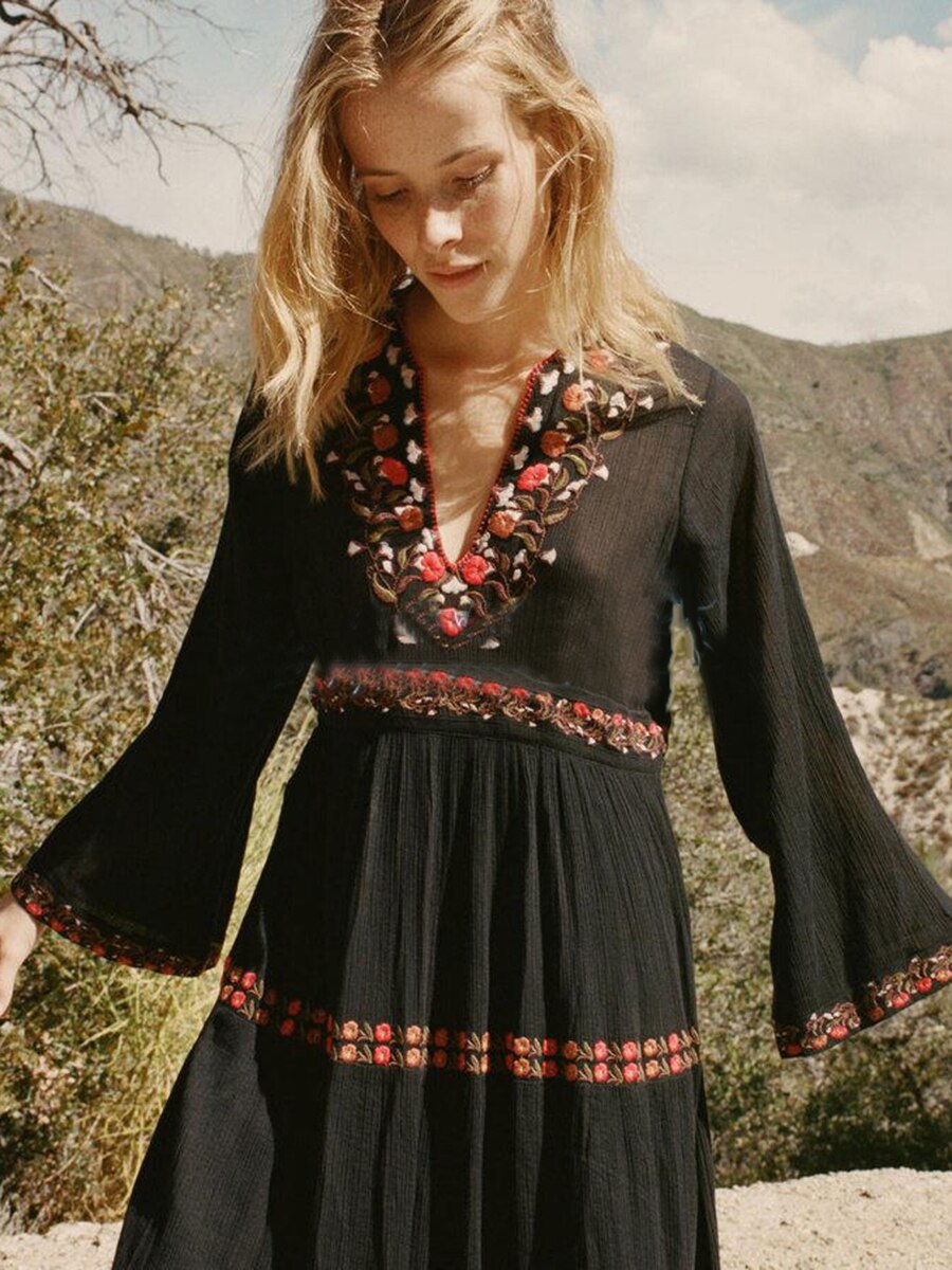 Long Bohemian Black Lace Boho Dress
