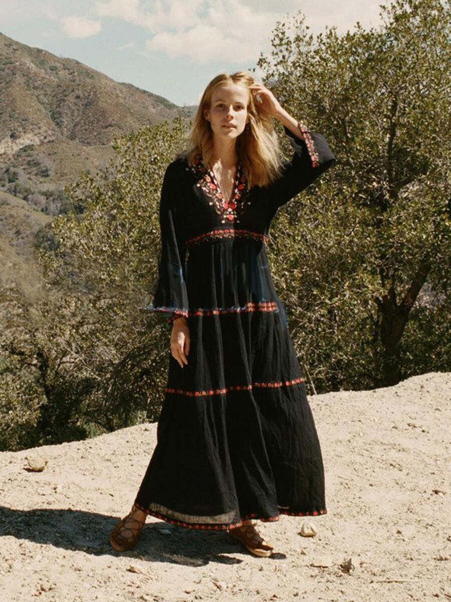 Long Bohemian Black Lace Boho Dress
