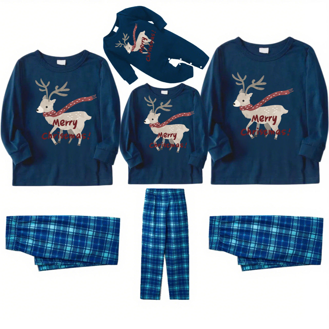 Reindeer Cheer-Elk Print Blue Plaid Family Christmas Pajamas