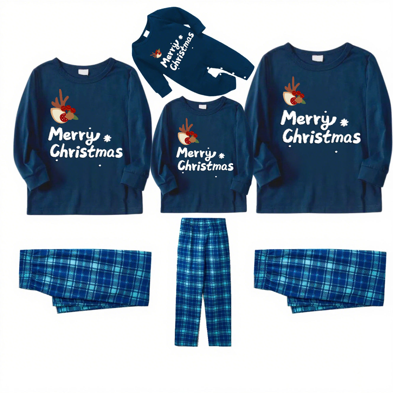 Merriment-Elk Print Blue Plaid Family Christmas Pajamas