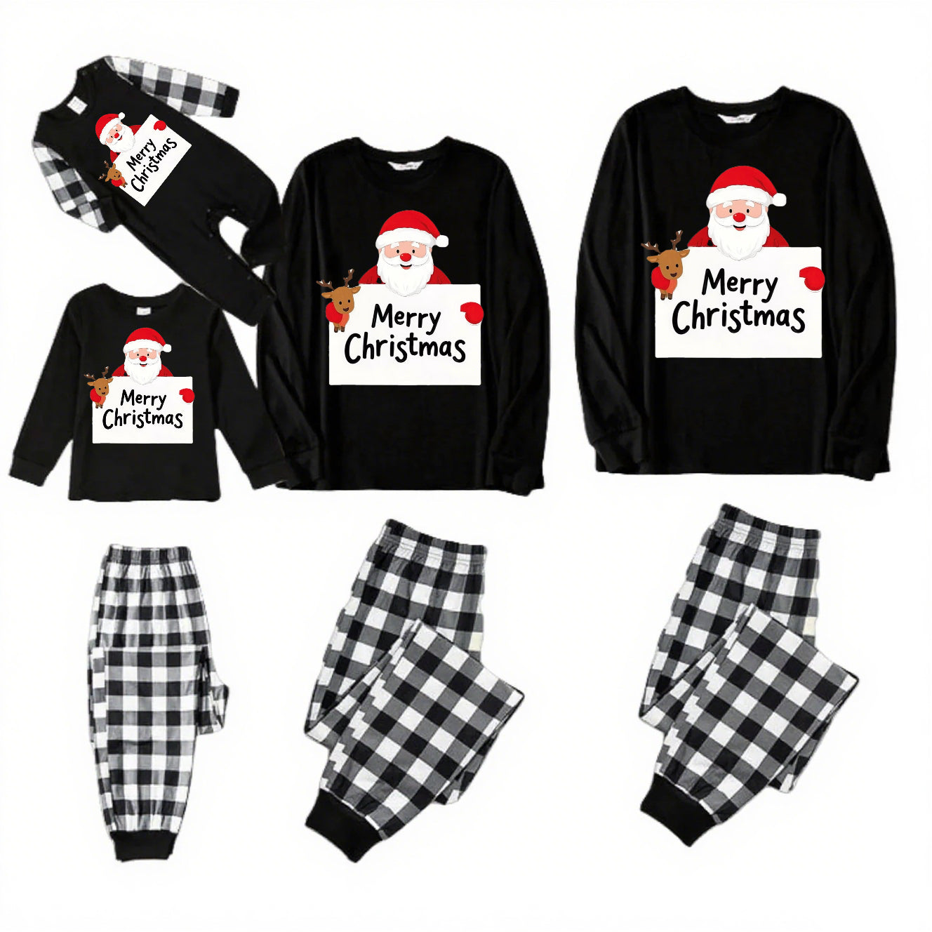 Merry Claus-Black and White Plaid Family Christmas Pajamas