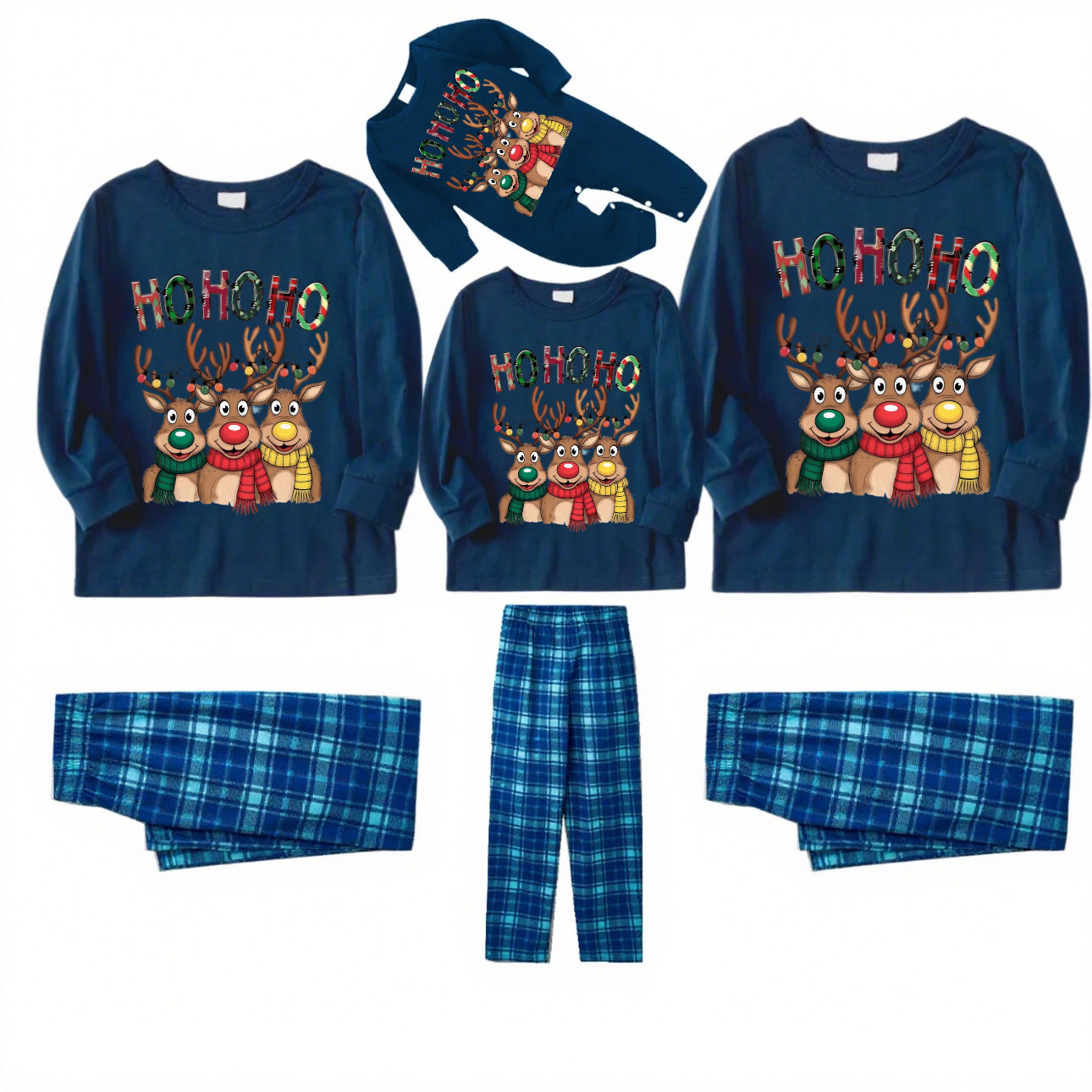 Whimsy Reindeer-Elk Print Blue Plaid Family Christmas Pajamas