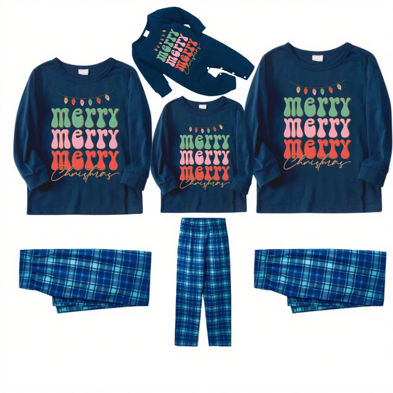 Merriment-Elk Print Blue Plaid Family Christmas Pajamas