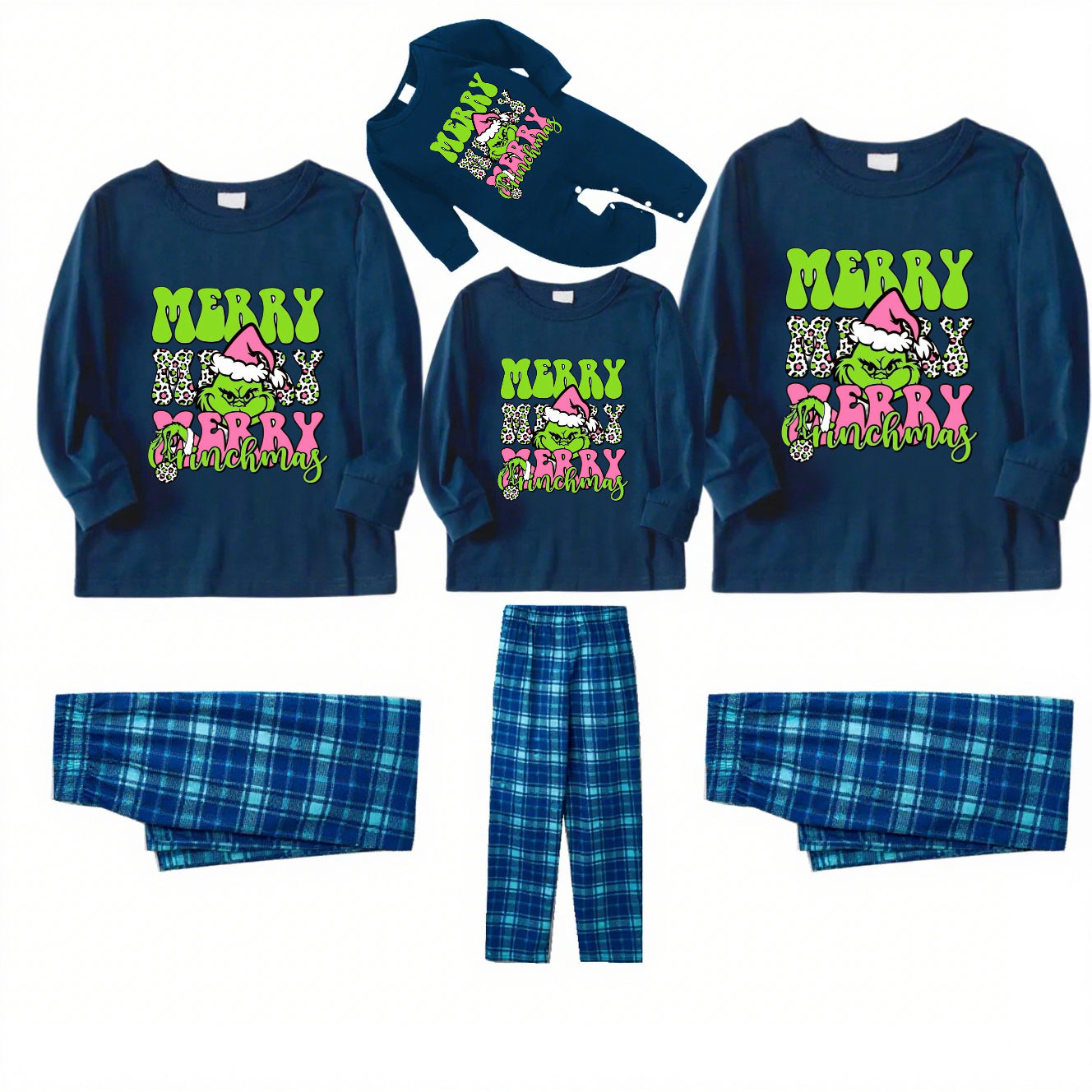 Pink Grinch-Blue Plaid Family Christmas Pajamas