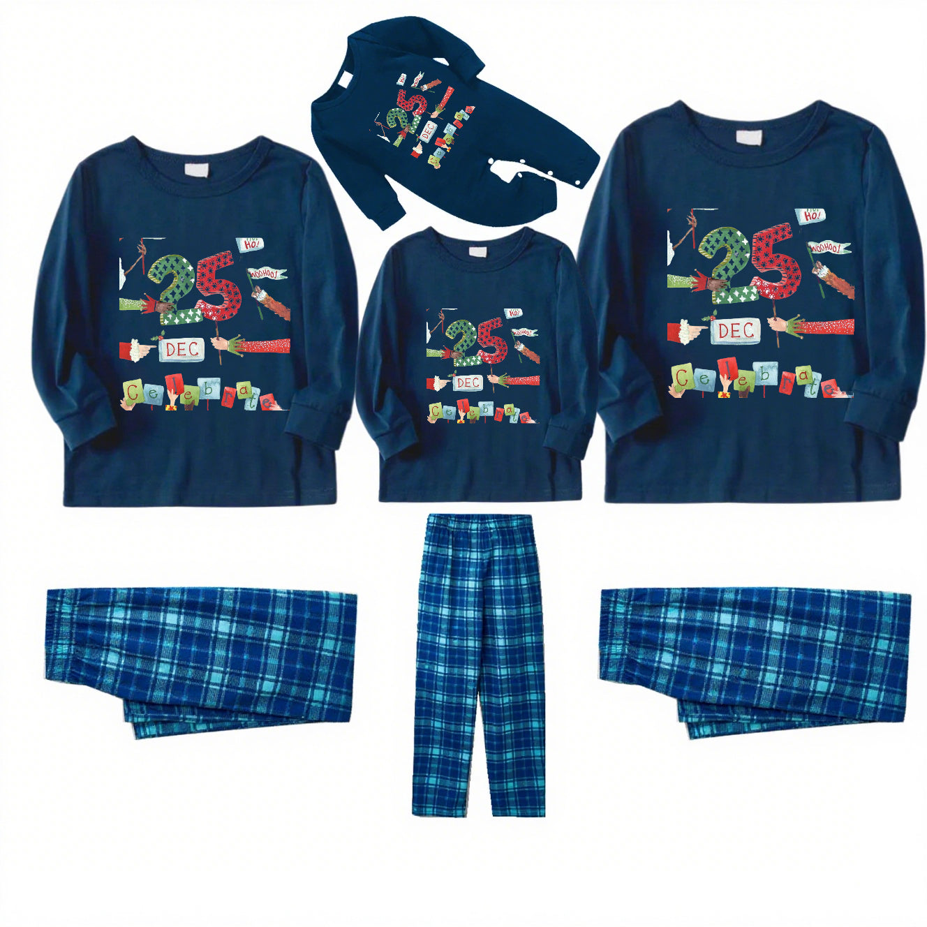 Happy Flag-Blue Plaid Family Christmas Pajamas