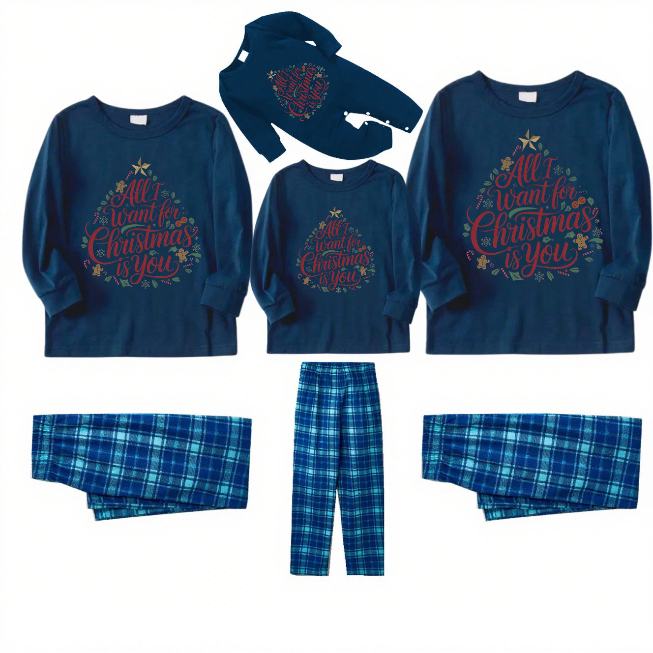 ALL I WANT-Blue Plaid Family Christmas Pajamas