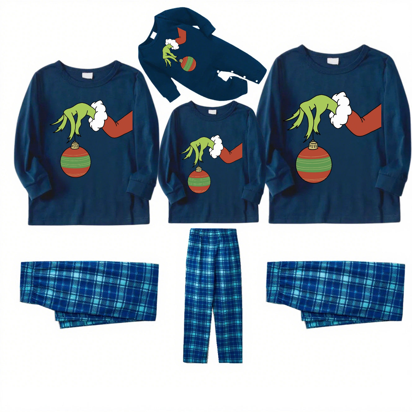 Grinch palm-Blue Plaid Family Christmas Pajamas