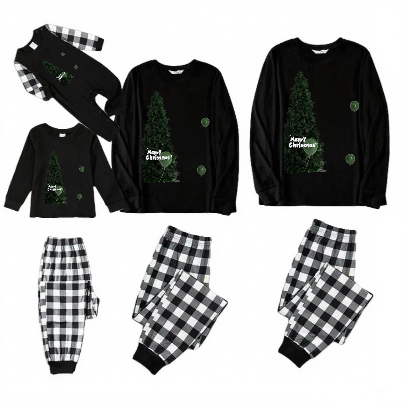 Green Tree-Black and White Plaid Family Christmas Pajamas