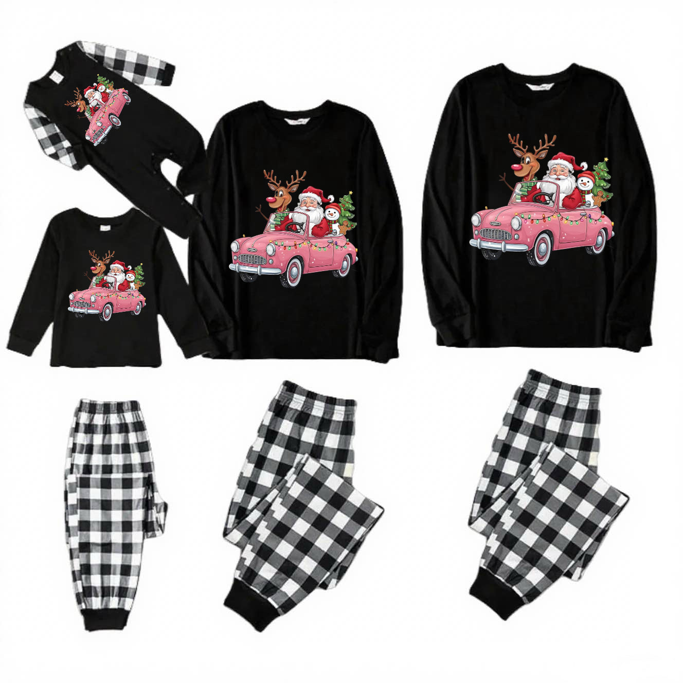 Santa Cheer-Black and White Plaid Family Christmas Pajamas