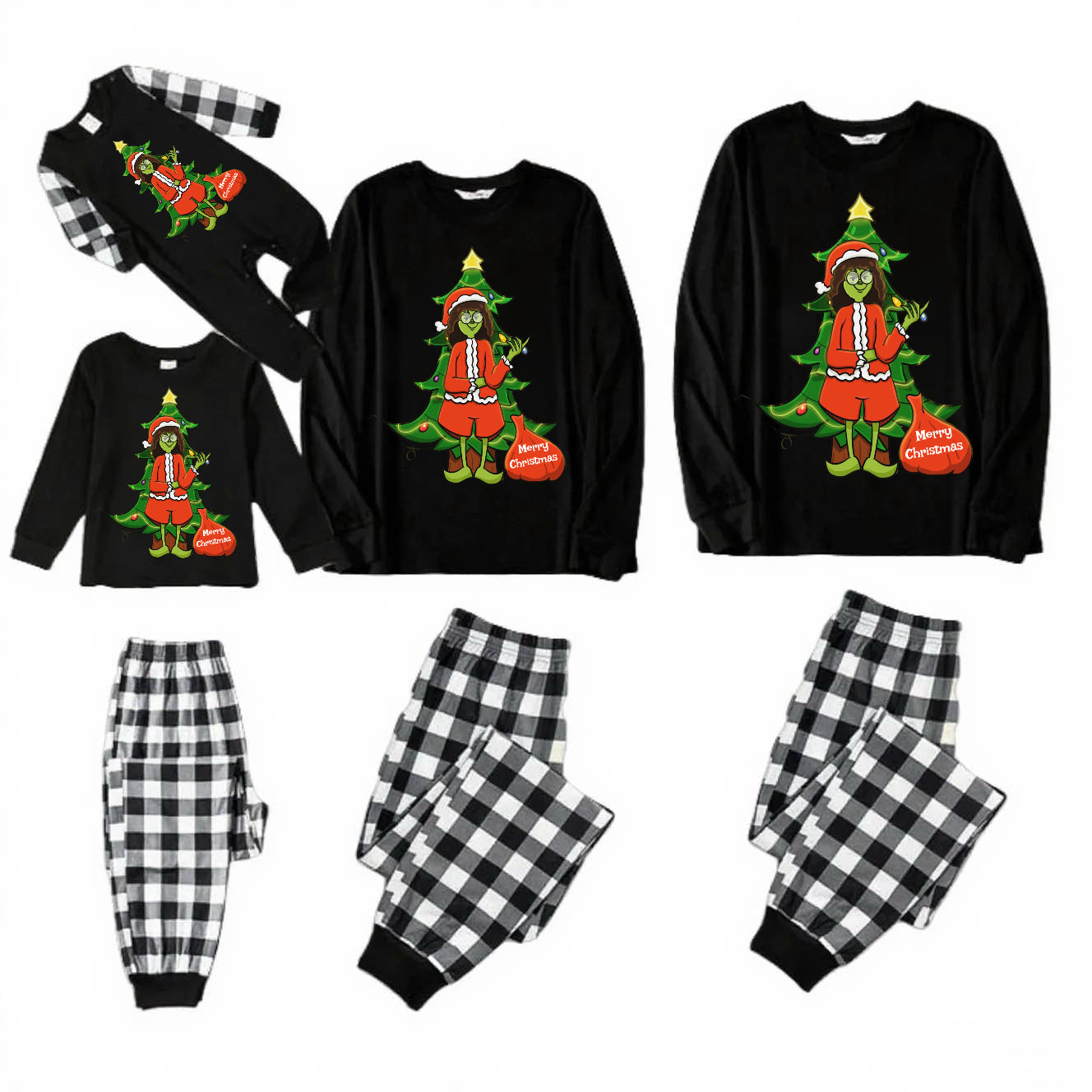 MerryGrinch-Black and White Plaid Family Christmas Pajamas