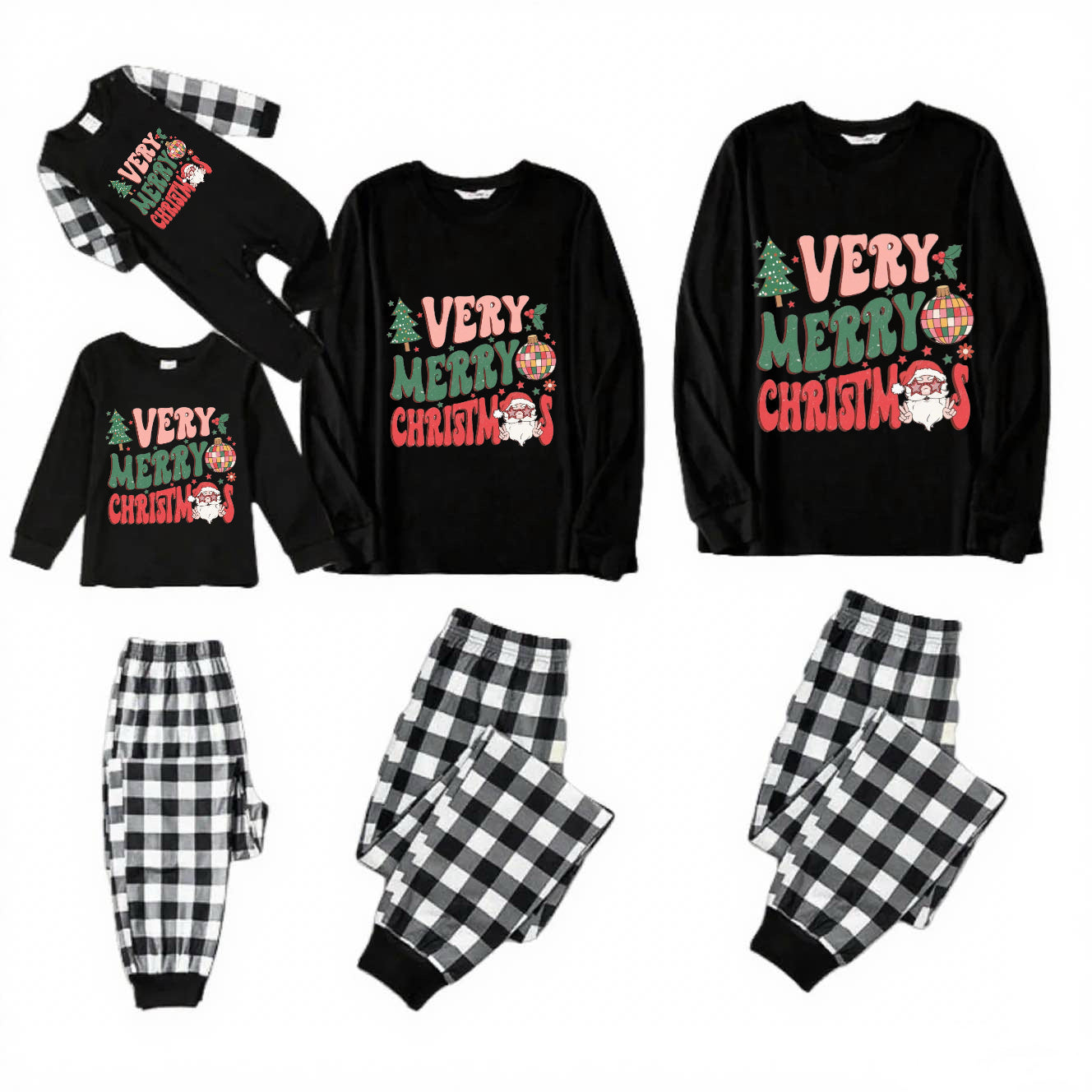 VERY MERRY-Black and White Plaid Family Christmas Pajamas