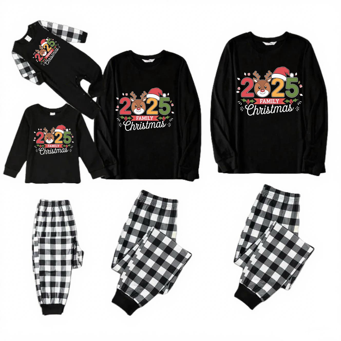 Reindeer Cheer-Black and White Plaid Family Christmas Pajamas