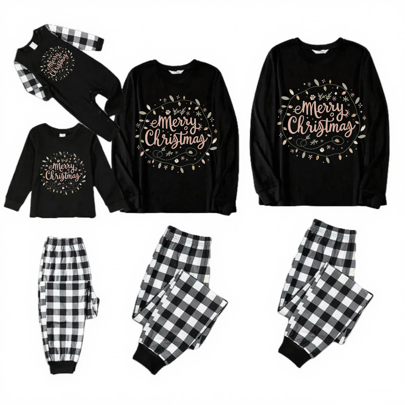 Wreath Slumber-Black and White Plaid Family Christmas Pajamas