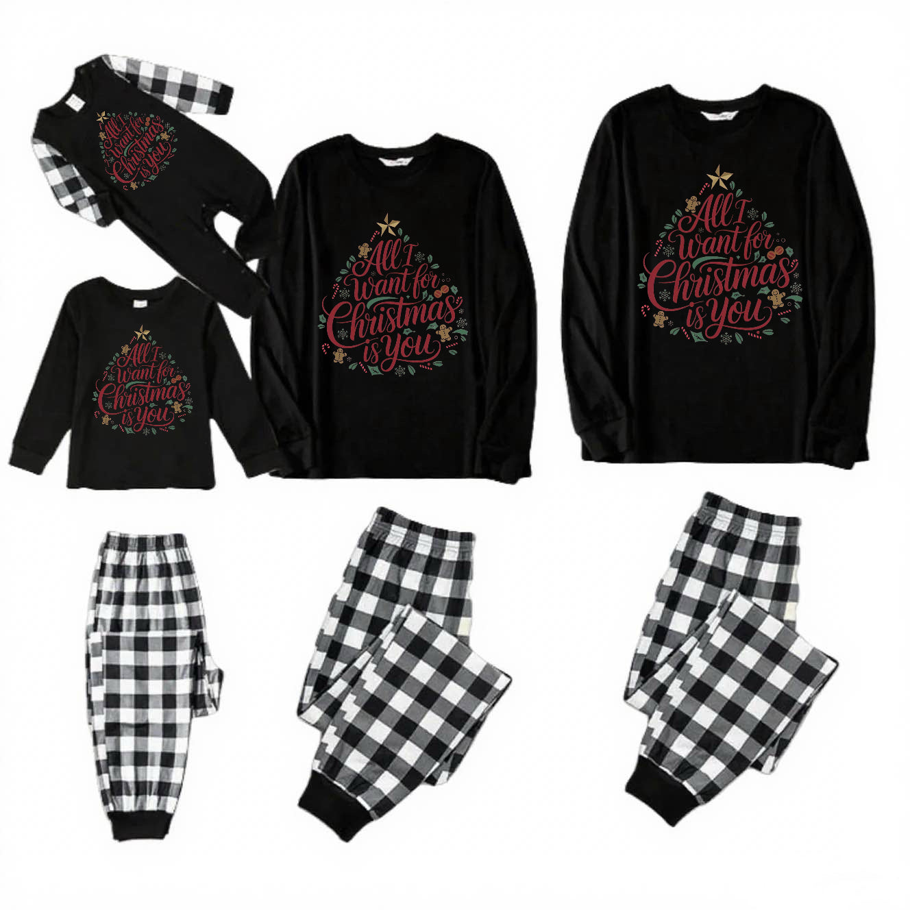 ALL I WANT-Black and White Plaid Family Christmas Pajamas