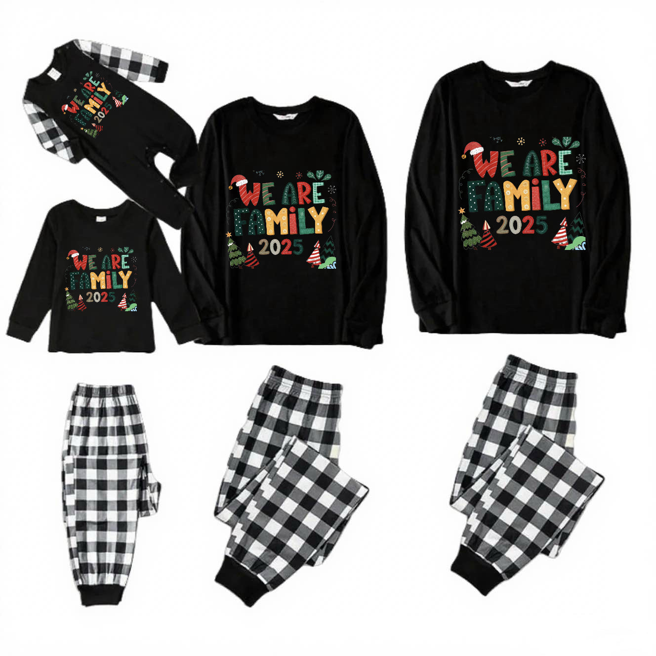 WE ARE FAMILY-Black and White Plaid Family Christmas Pajamas