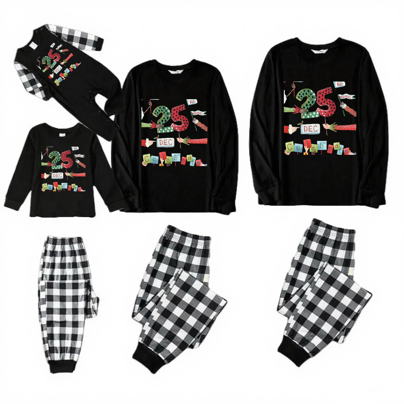 Holly Flag-Black and White Plaid Family Christmas Pajamas