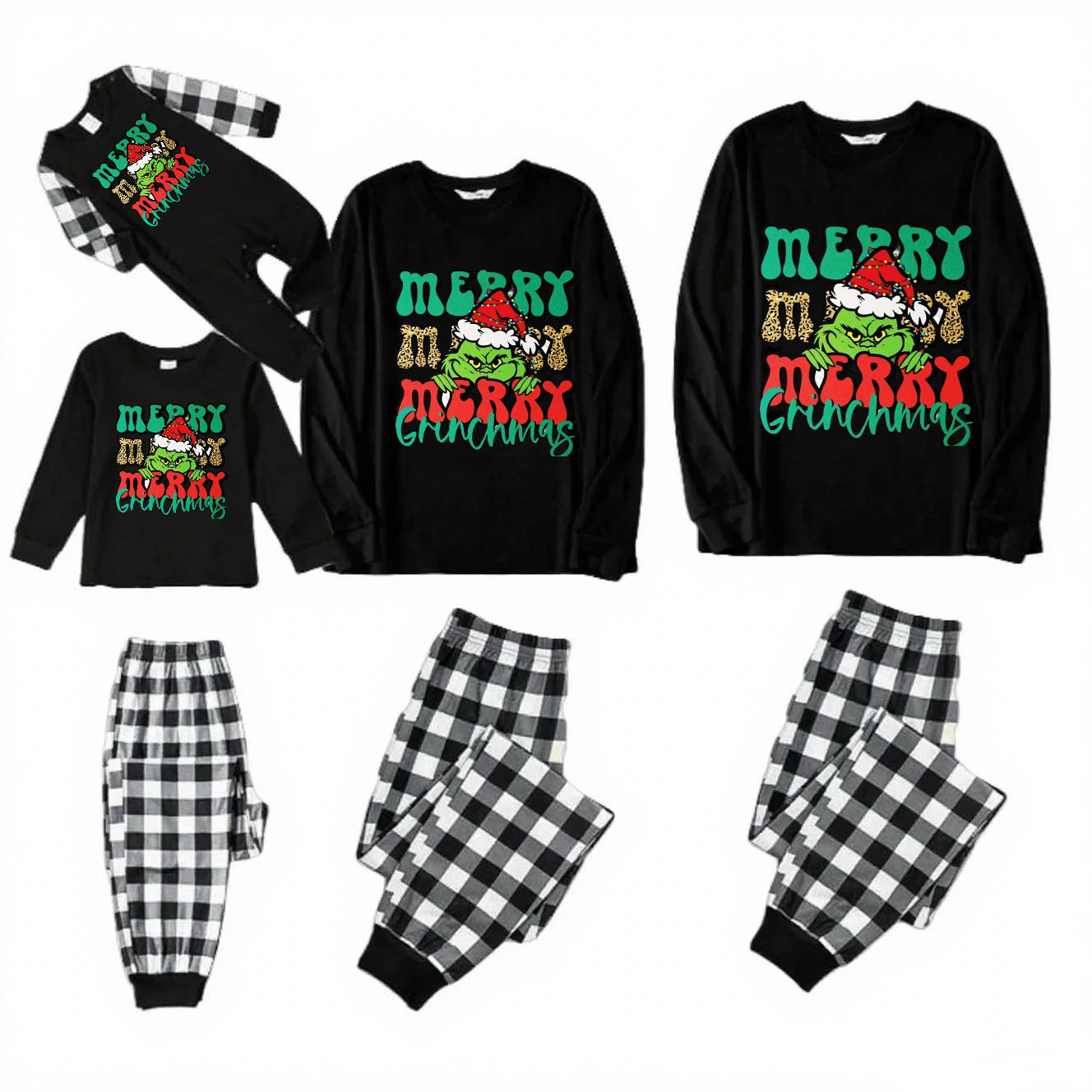 Red Grinch-Black and White Plaid Family Christmas Pajamas