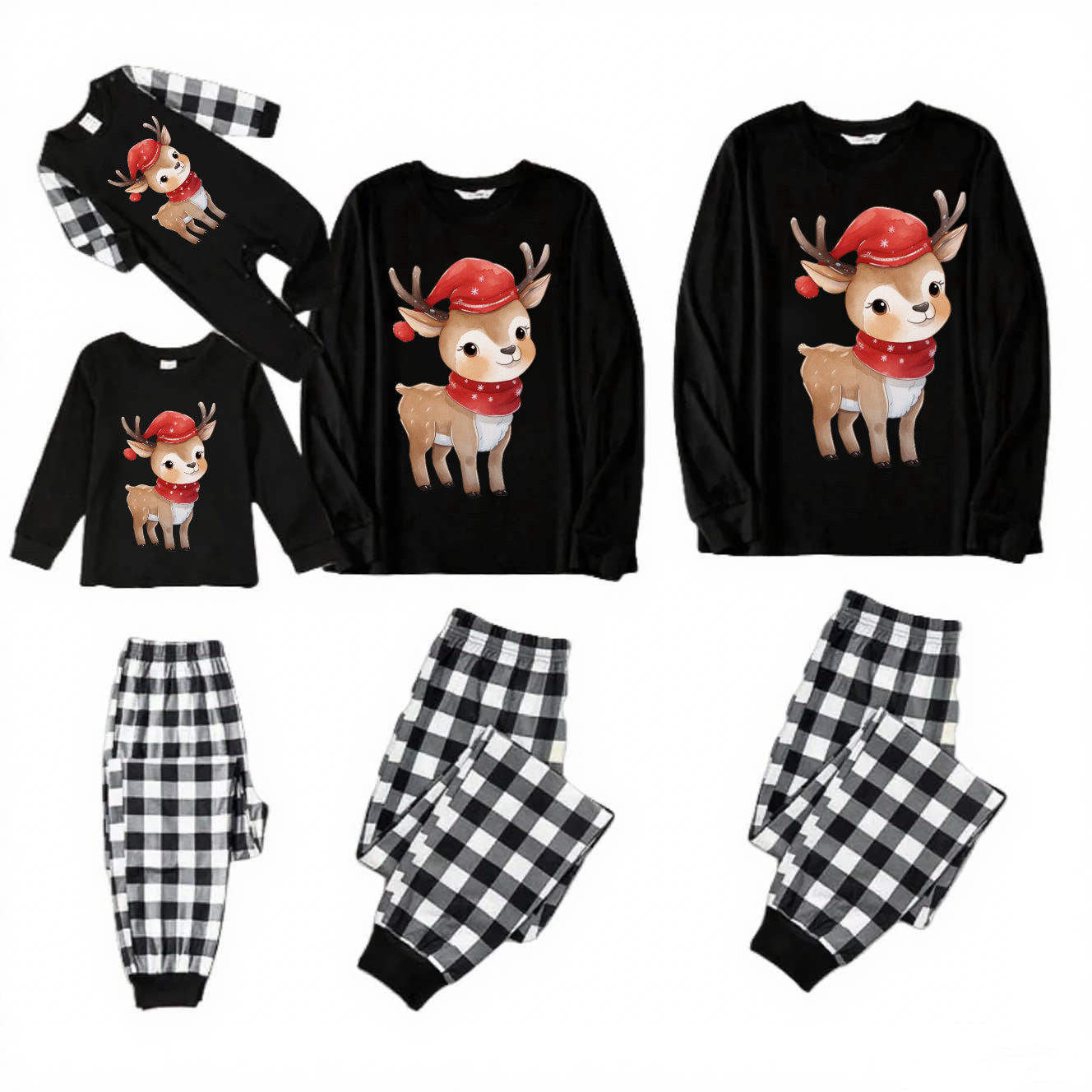 Reindeer Dream-Black and White Plaid Family Christmas Pajamas