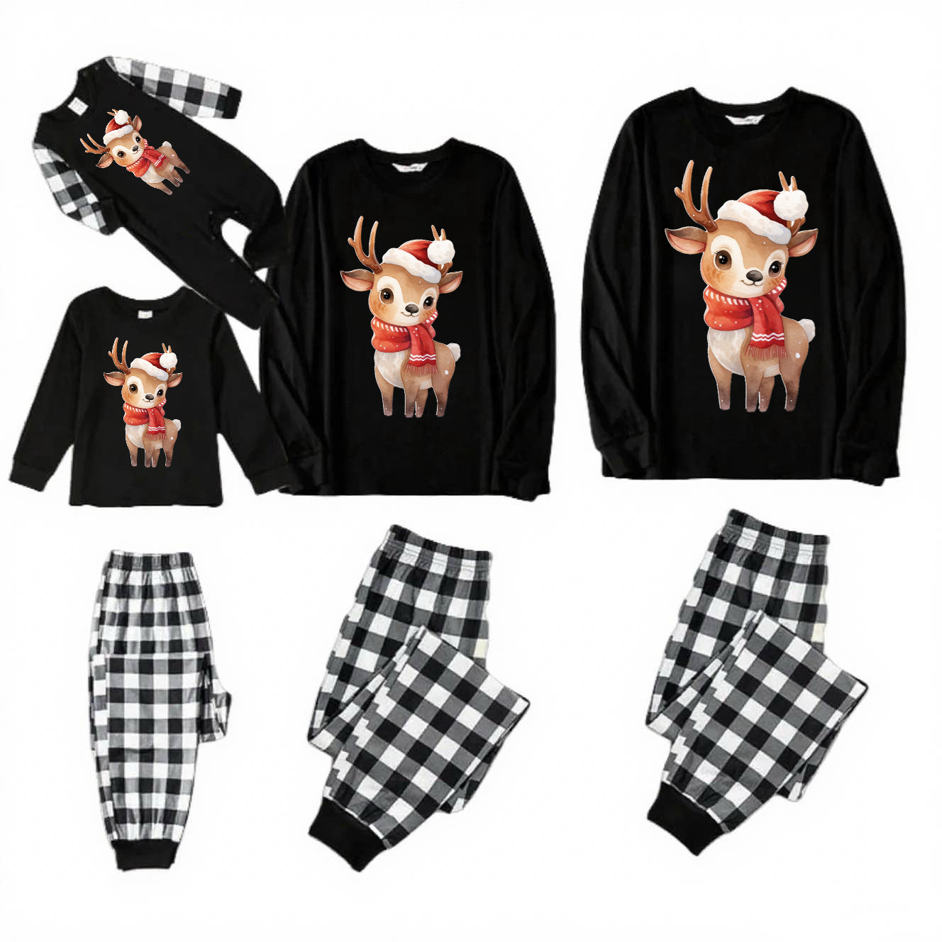 Blissful Elk-Black and White Plaid Family Christmas Pajamas
