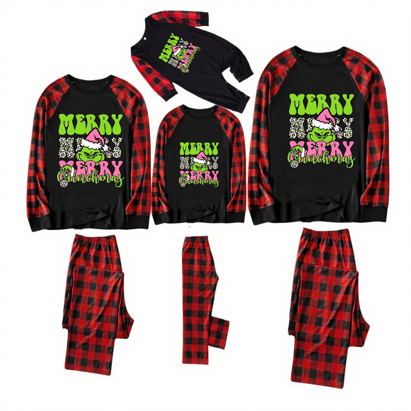 Grinch Pink-Black and Red Plaid Family Christmas Pajamas