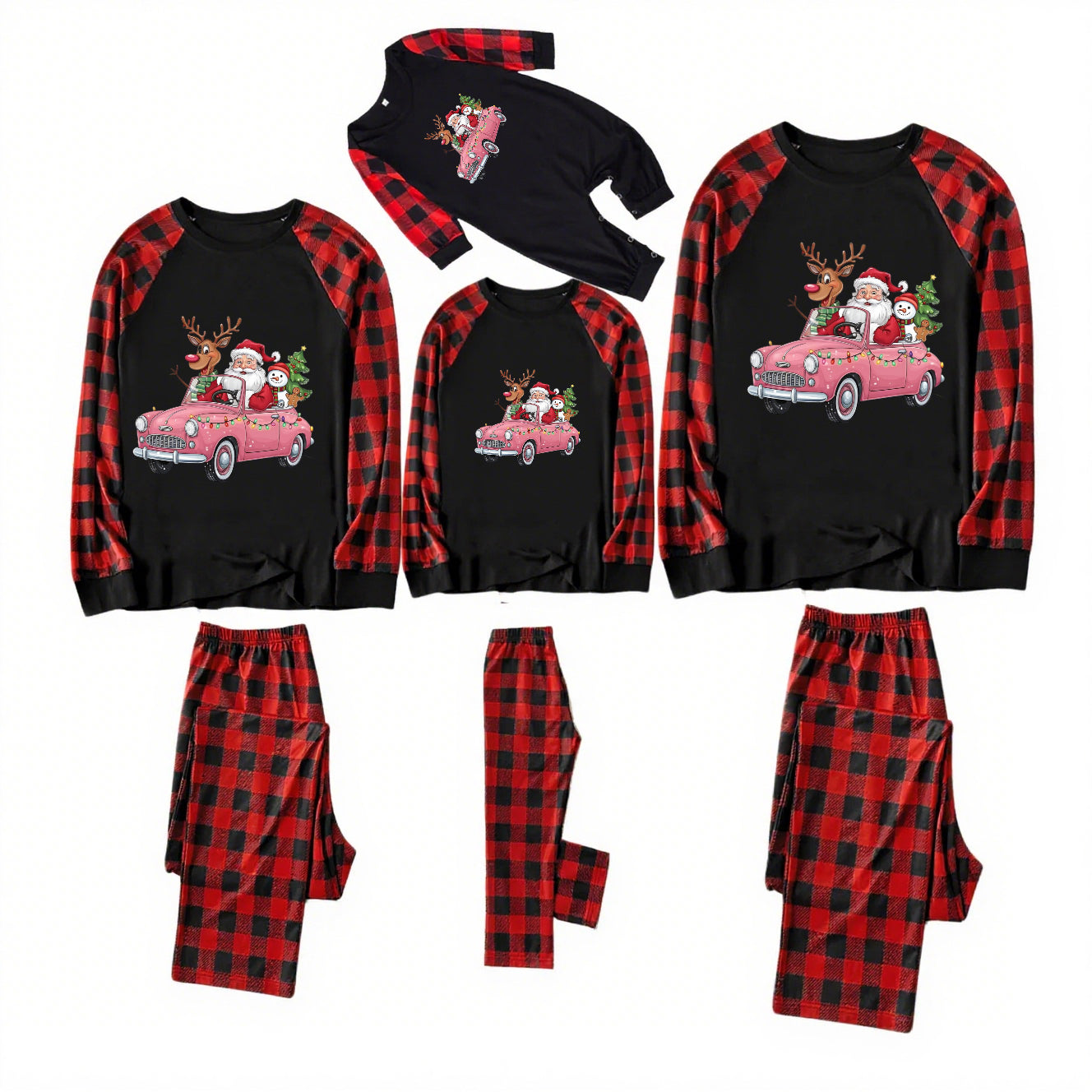 Santa Drive-Black and Red Plaid Family Christmas Pajamas