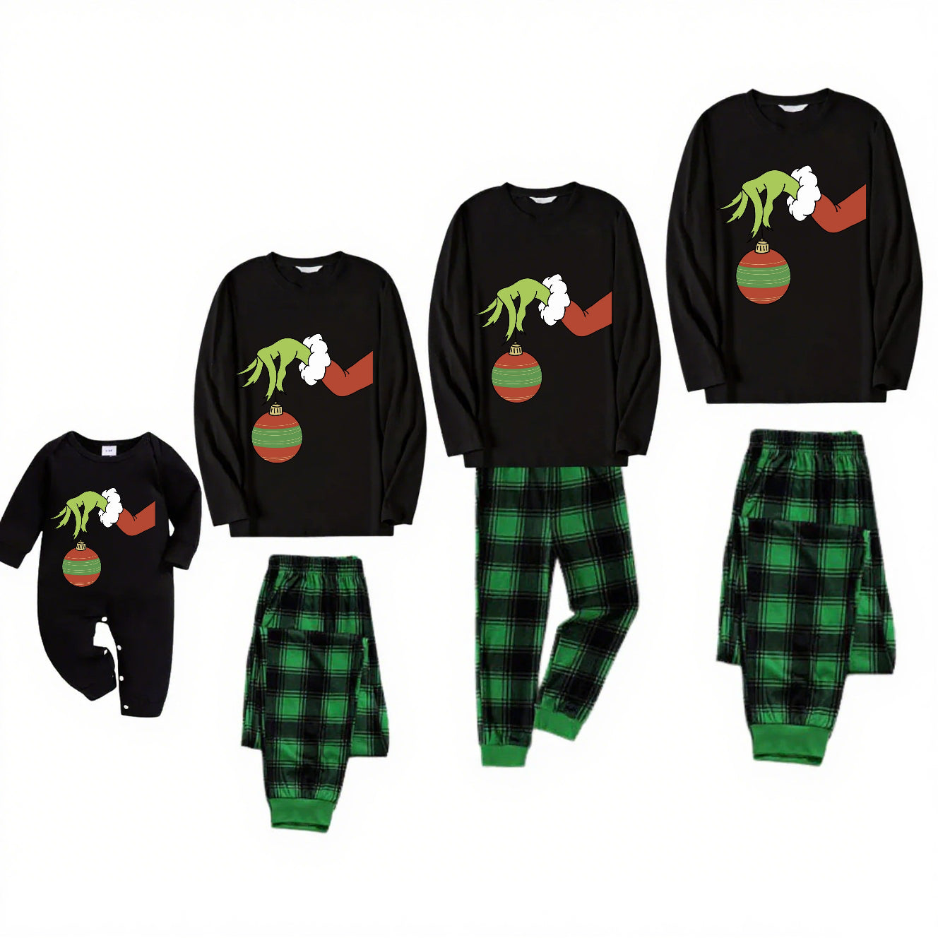 Grinch Mood-Green Plaid Family Christmas Pajamas