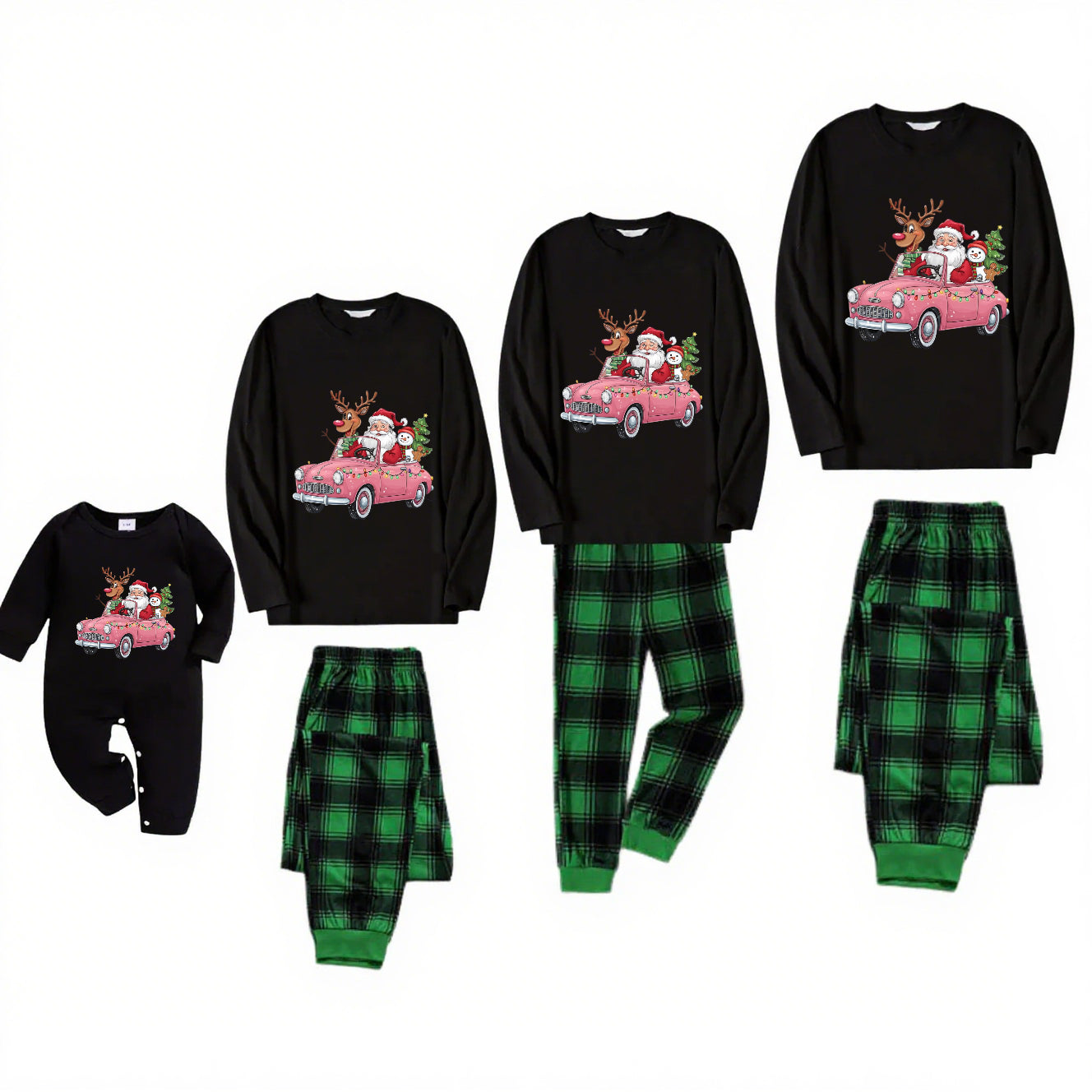 Santa Drive-Green Plaid Family Christmas Pajamas