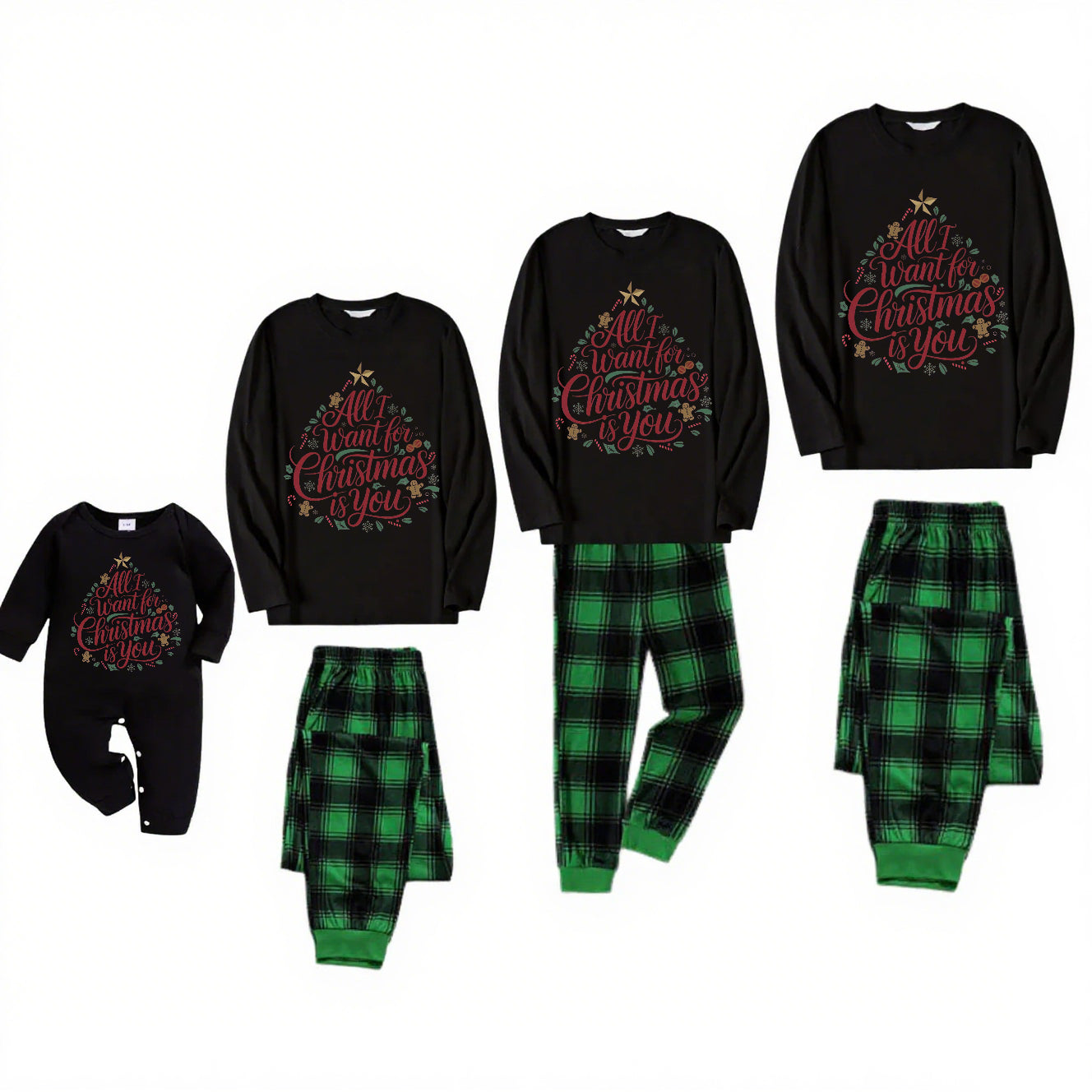 ALL I WANT-Green Plaid Family Christmas Pajamas