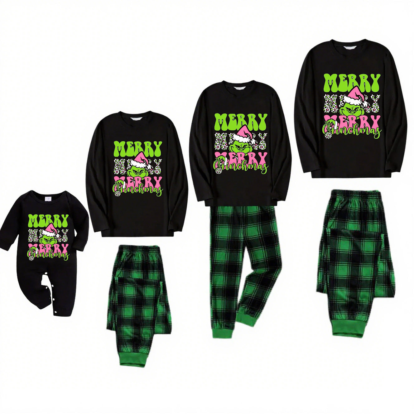 Grinch Gleam-Green Plaid Family Christmas Pajamas